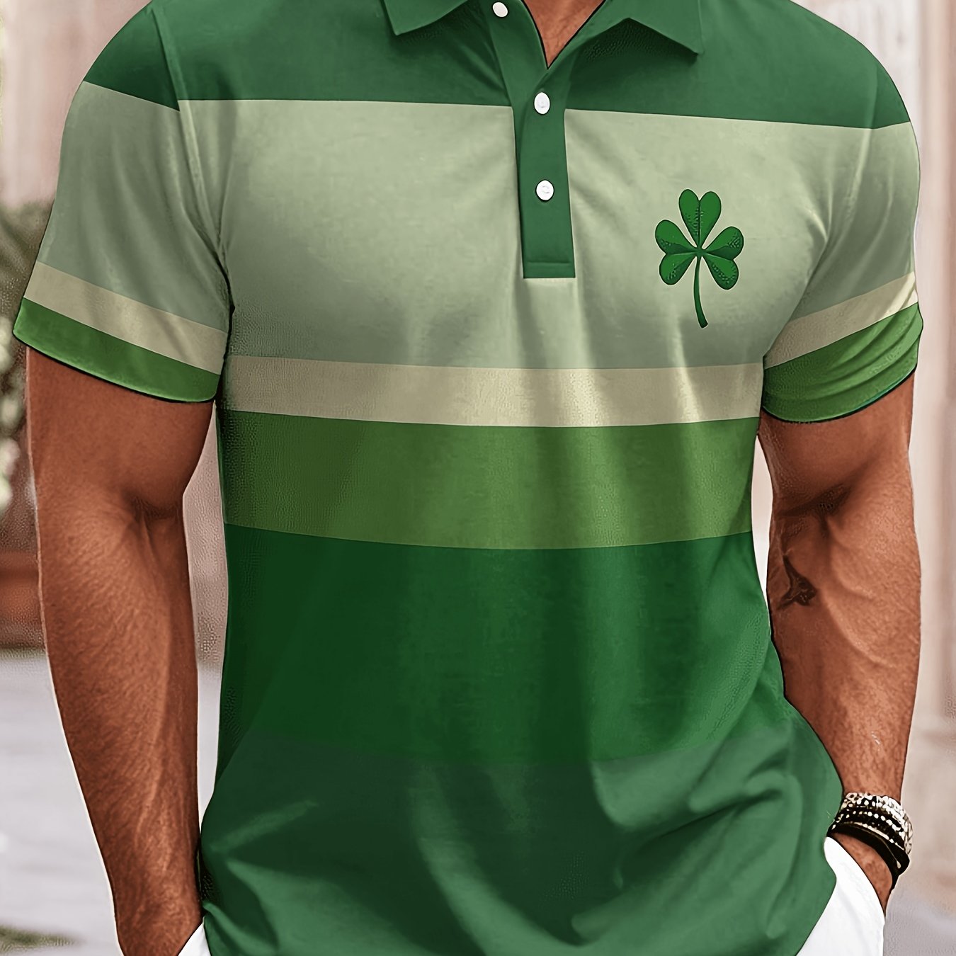 TEMU Printed Design â Not Textured: Men's New Casual Fashion Short-sleeve Shirt, Men's Irish-themed Shirt With Gradient   Shamrock Print, Breathable