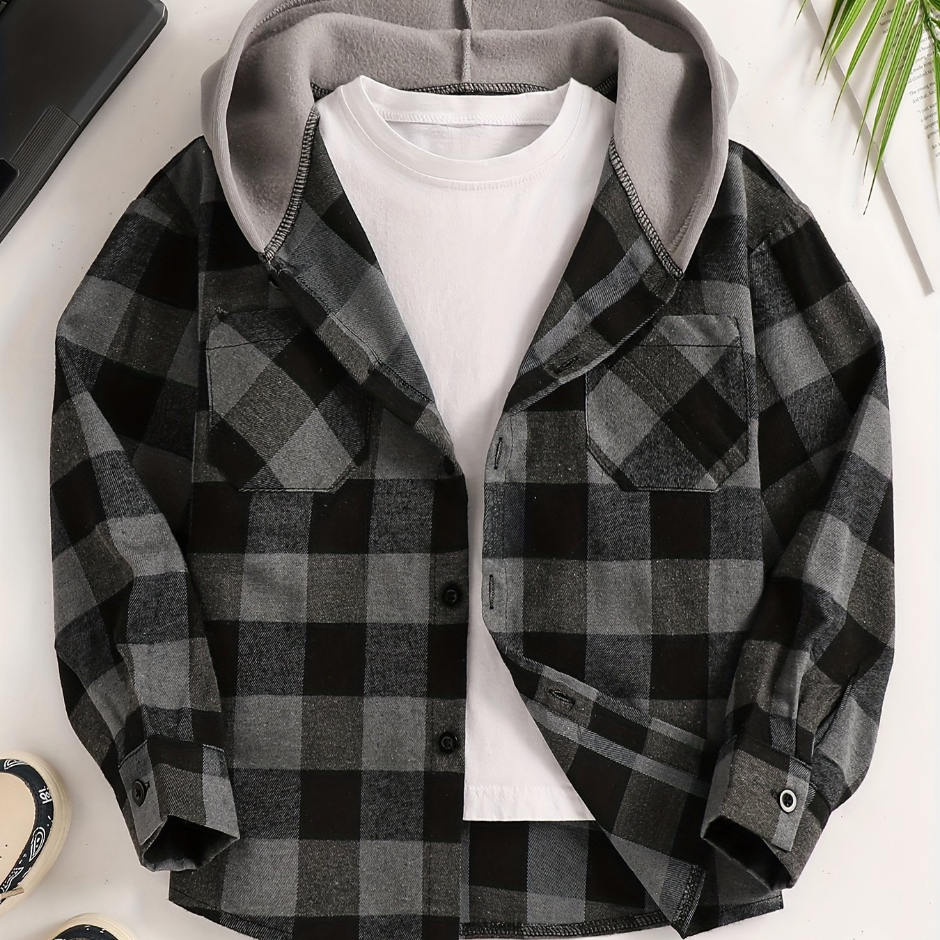 Boys' Loose-fit Plaid Long-sleeve Color-block Shirt, Back To School Essentials