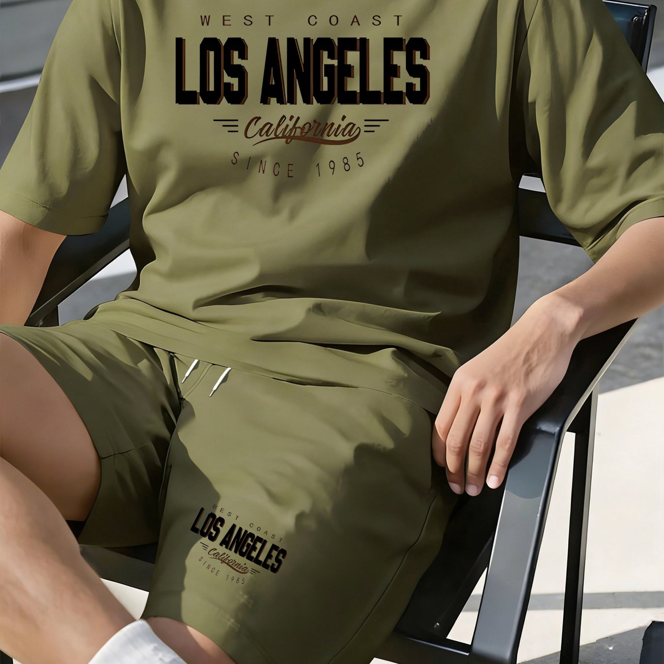 TEMU Casual Sports Outfit For Men Featuring A Los Angeles California Print, Designed For And With Short Sleeves And Shorts. This Loose-fitting