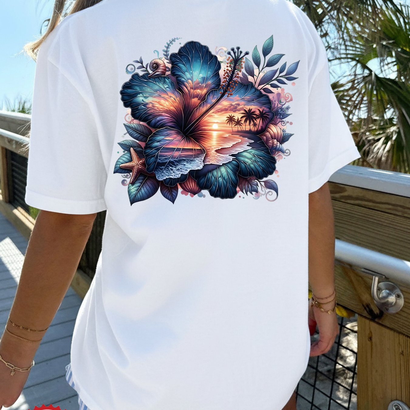 Image of [back Print] Women's Spring Summer Clothing, Style Hibiscus Beach Scene, Hibiscus Palms Print, Casual Loose Short Sleeve Round Neck Women's Oversized T-shirt