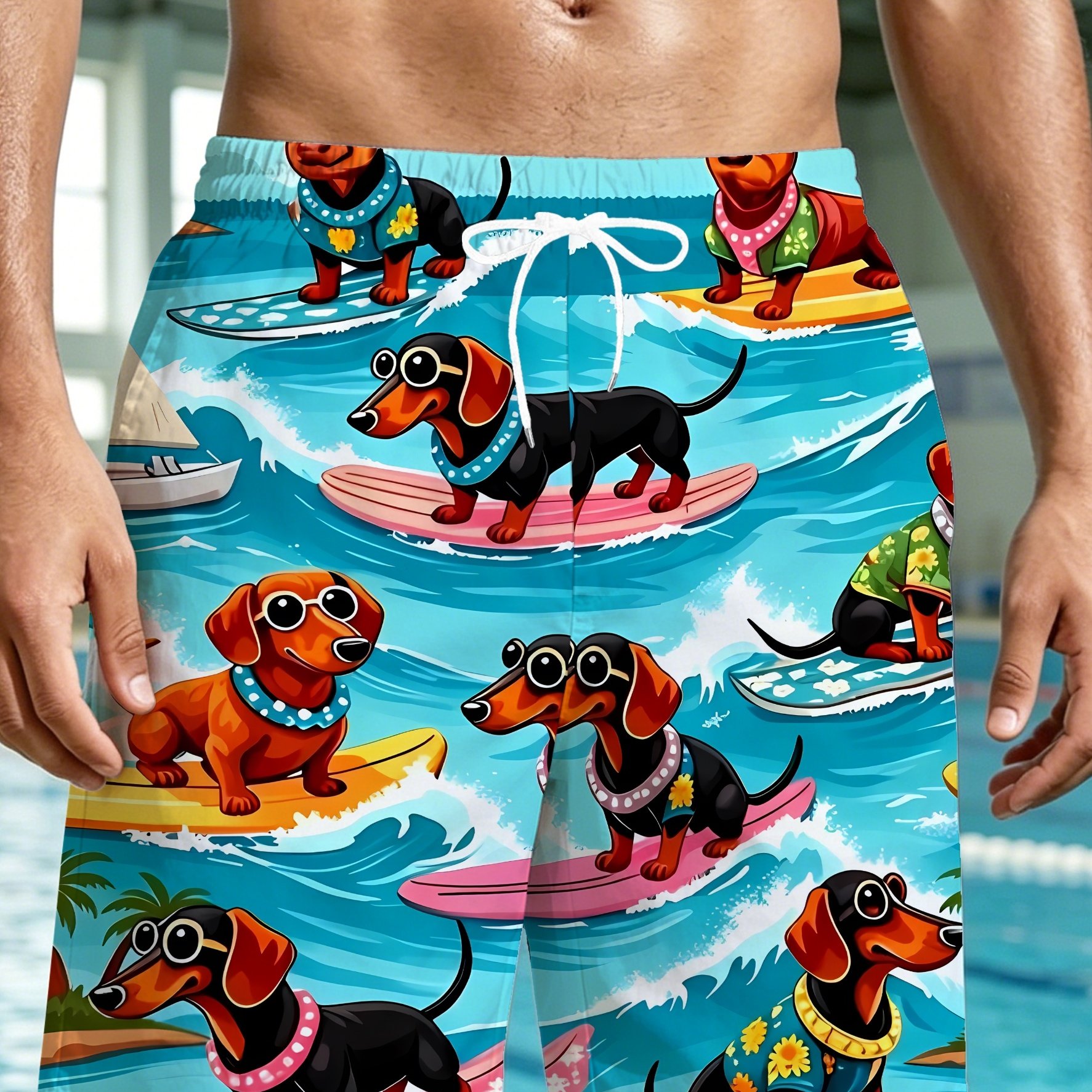 TEMU Men's Beach Shorts, Men's Summer Beach Trunks With Dachshund Surfing Pattern - Quick-dry, Breathable, Drawstring Waistband, Casual Vacation