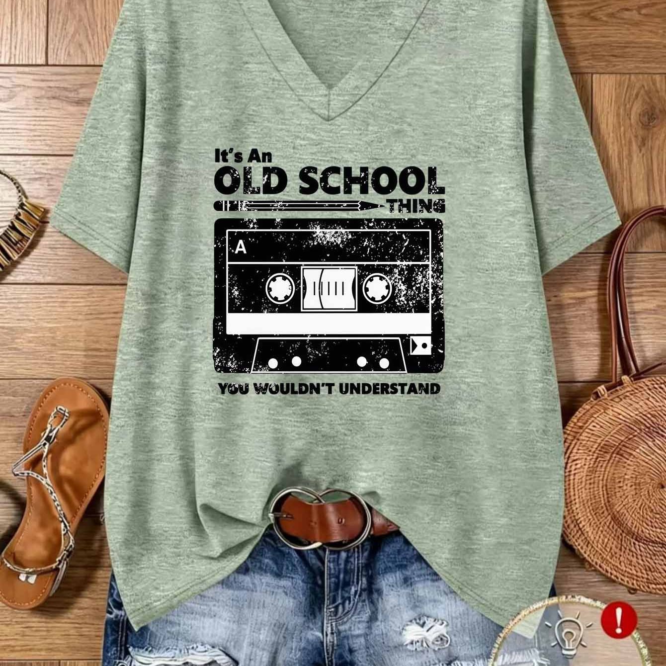TEMU Plus Size Women's Oversized V-neck T-shirt - Retro Cassette Tape Print Short Sleeve Suitable For Commuting, Yoga, Travel & Layering | Breathable