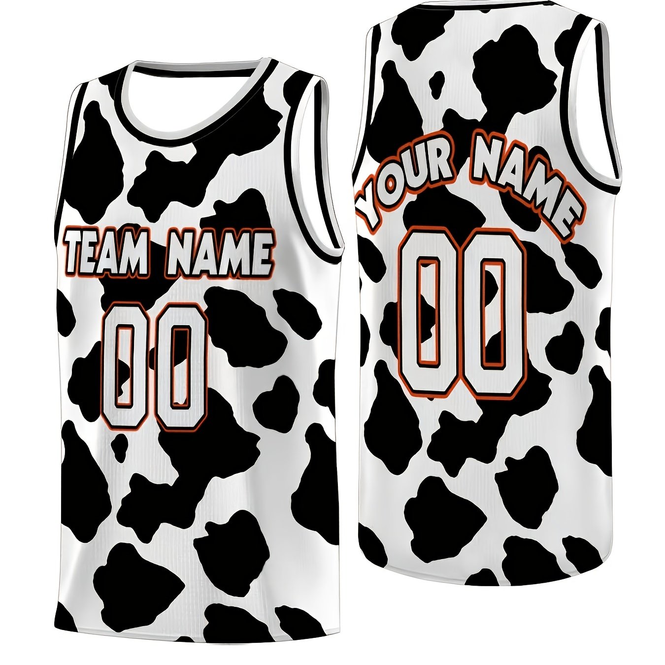 TEMU Men's Customizable Cow Print Basketball Jersey - Black And White Spotted Design With Orange Outline Text | Personalized Team Name, Player Names,