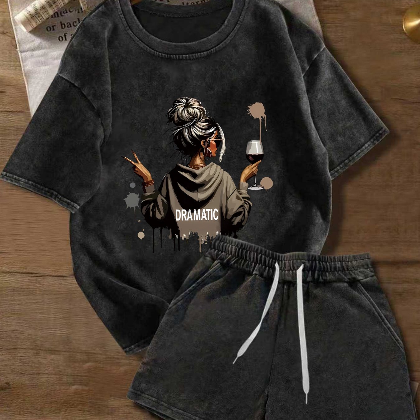 Image of Portrait Print Vintage Washed Short Sleeve And Shorts Set - Women's Distressed Two-piece Outfit, Relaxed Fit Wear, Retro