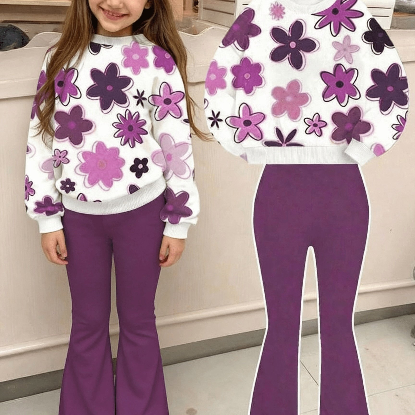 Image of 2pcs Set For Girls Aged 2-7, Featuring A Casual Floral Print, Knitted Round-neck Sweatshirt, And Flared Pants, Suitable For Spring And Autumn, Perfect For Outdoor,christmas,halloween