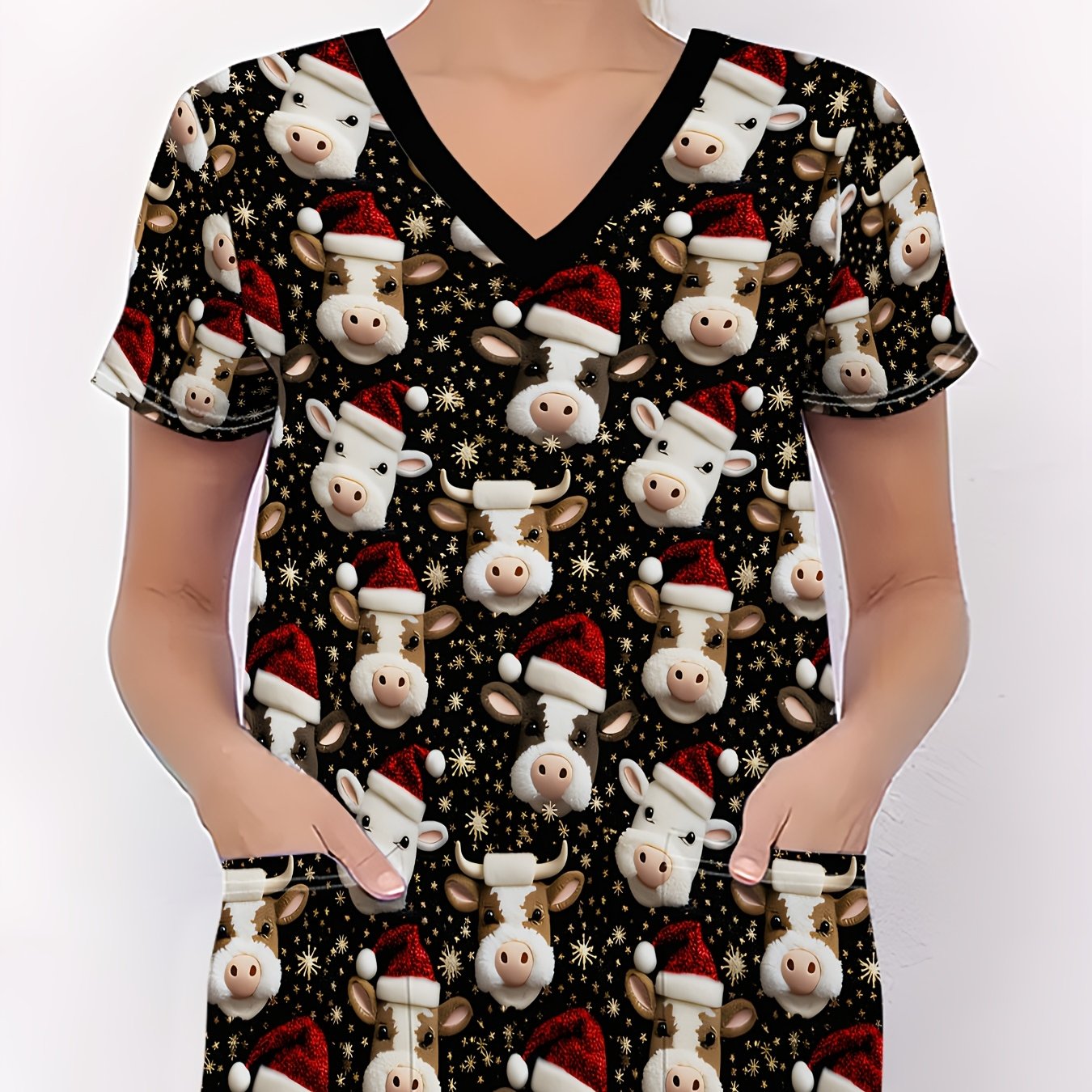 TEMU Christmas Women's Nurse T-shirt, Christmas Cow Print V-neck Short Sleeve, Functional Women' Top, Cute Soft Women's Nurse Uniform, Christmas