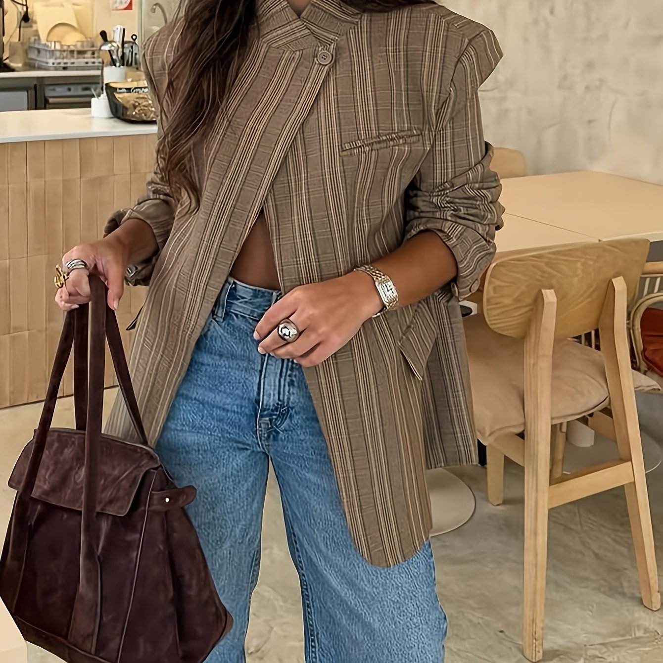 TEMU Women's /autumn Elegant Vintage Old Money Style Open Front Asymmetrical Design Versatile Daily Casual Temperament Fashionable Outerwear