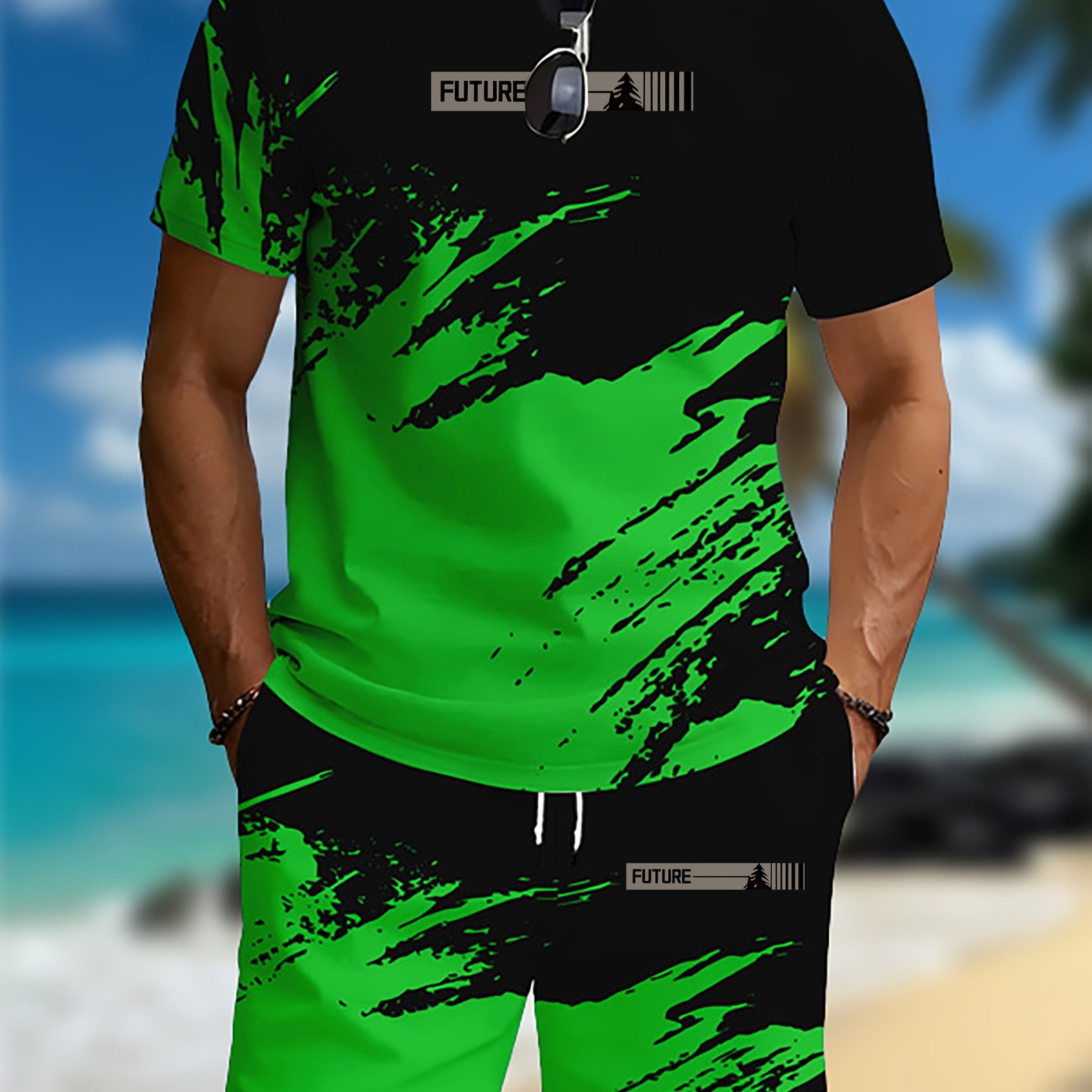 TEMU Ink Splash Men's Summer Sportswear Set, Short Sleeve And Shorts 2pcs Set, Trendy Brand Casual Beachwear With Letter And Pine Tree Print, Black