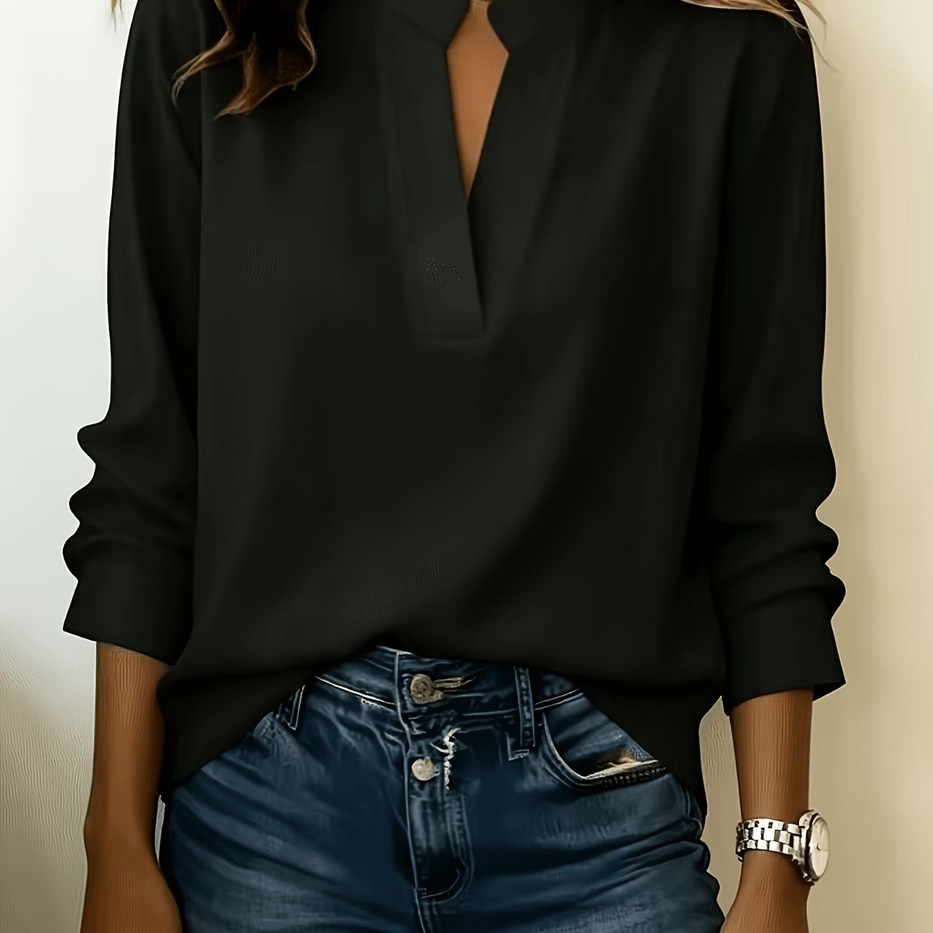 TEMU Langwyqu Chemisier élégant à col en V pour femme - Chemisier à col et manches longues, haut de bureau professionnel de couleur unie, lavable en