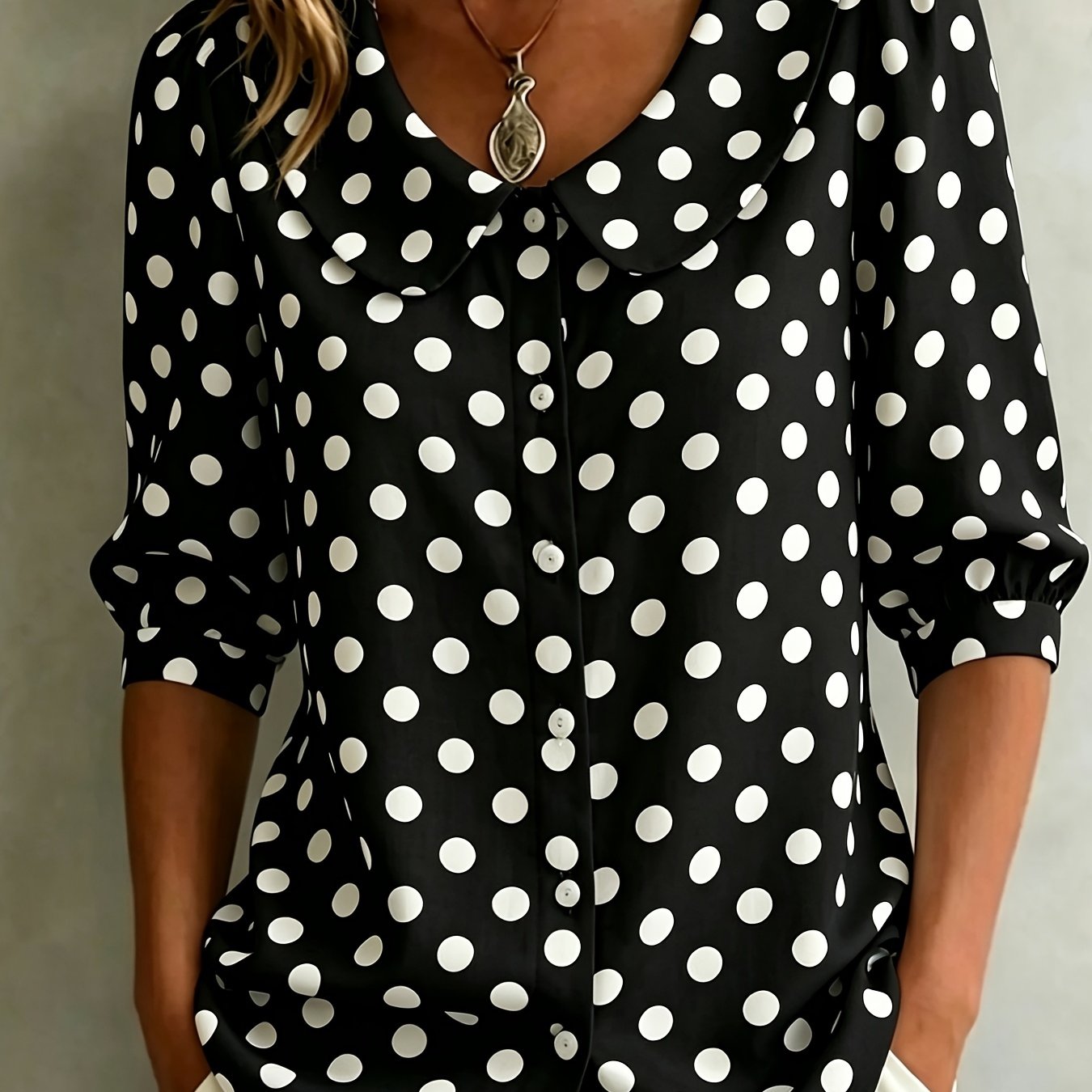 Image of Plus Size, Print Design- Texture Free Autumn Winter New Arrival Ladies Peter Pan Collar 3 Quarter Sleeve Blouse Red Polka Dot Print Retro Casual Comfortable Breathable Daily Commuting Outfit