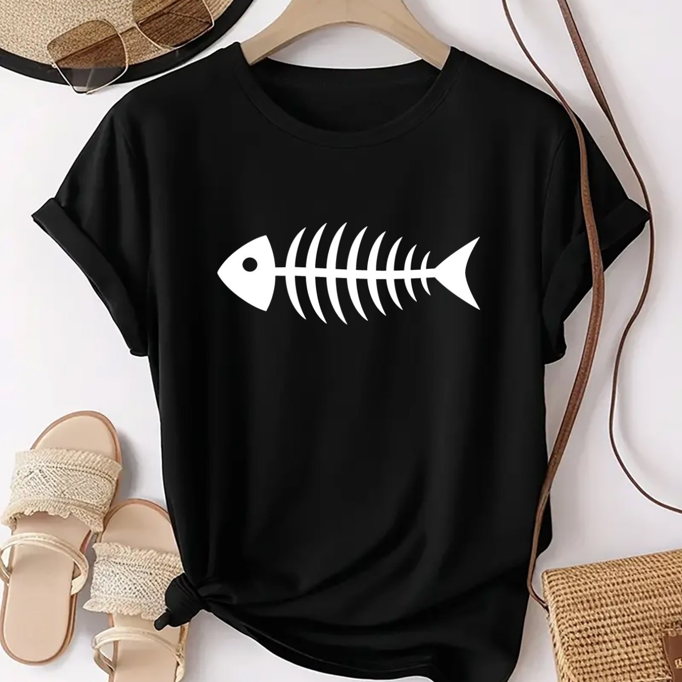 TEMU Fishbone Pattern, Simple And Cute Design, Printed Casual Neck Short Sleeve Fashion Sporty -shirt, Comfortable Women's Top