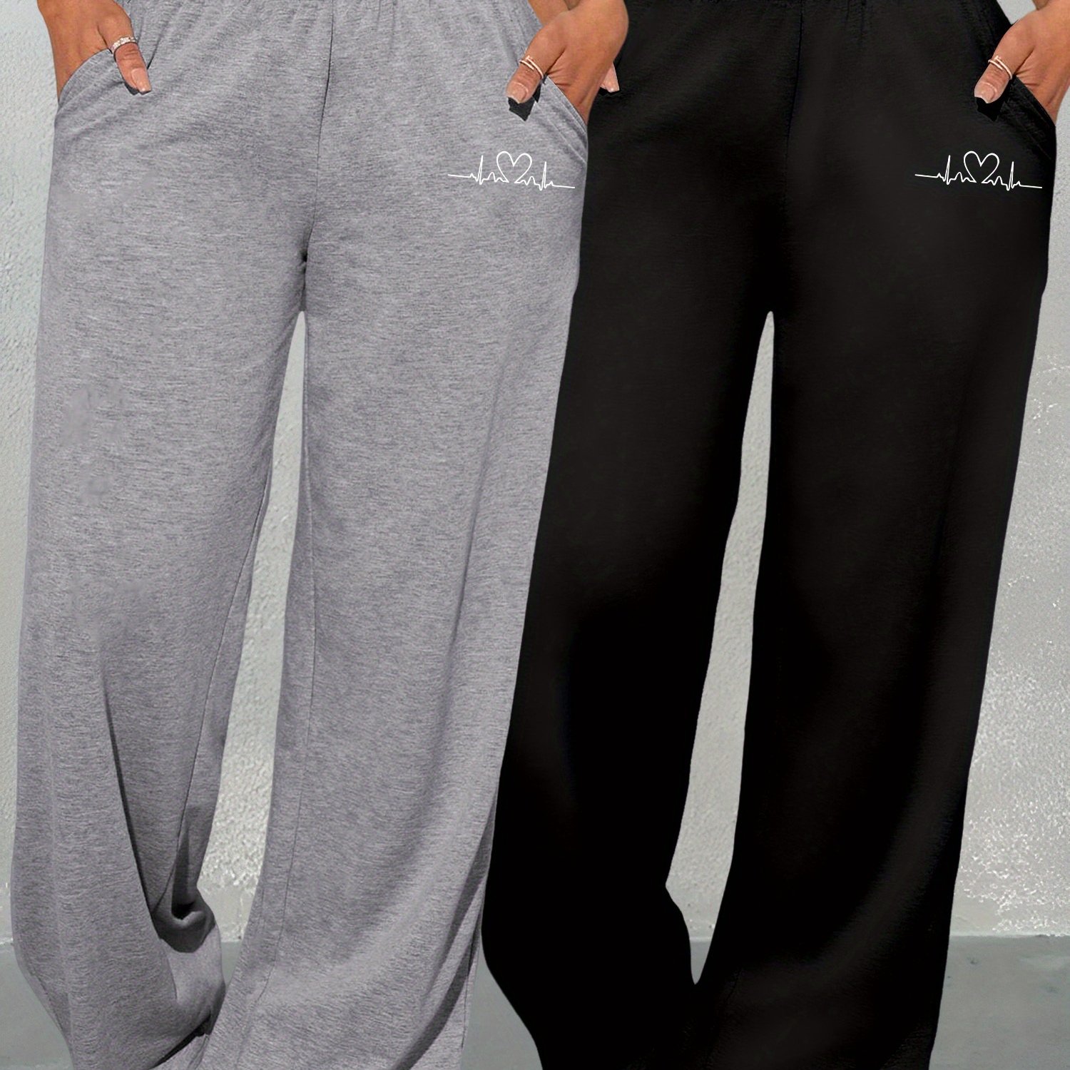 K6 Two-piece Women's Clothing Set With Geometric Pattern & Love Print Wide Leg Pants Sweatpants Versatile High Waist Casual Long Pants