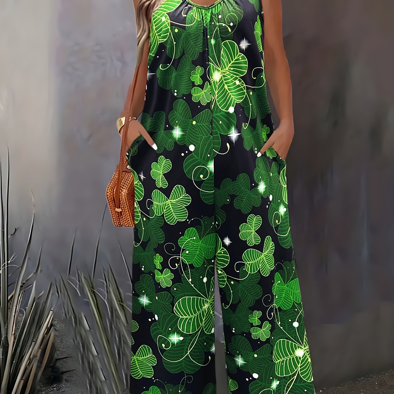 's Day Women's Jumpsuit - Shamrock Print Wide-leg Romper With Pockets, Adjustable Spaghetti Straps & Mid-stretch Fabric, Machine Washable Casual Spring/summer Outfit, Festive Attire, Summer Fashion