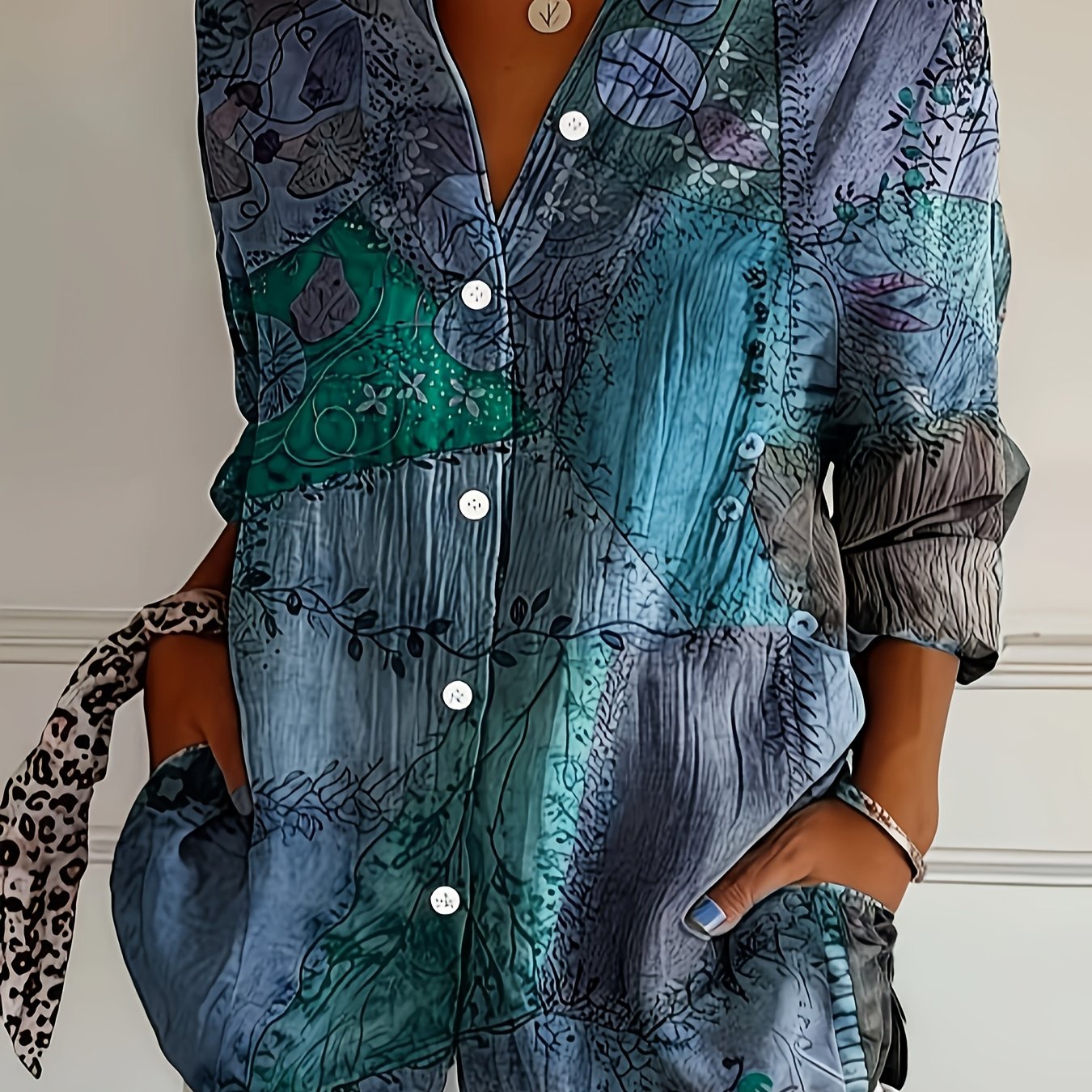 E-shop Damens Casual Langarmhemd mit Knopfleiste - Retro Blumenmuster mit Paisley & Geometrischen Mustern, Klassischer Kragen, Maschinenwaschbar,