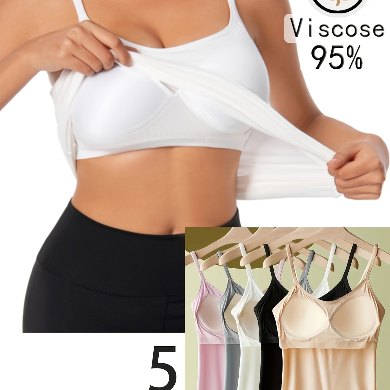 5pcs Set Women's Bra Cami Top With Padding, Wearable Inner Wear, Base Layer Cami