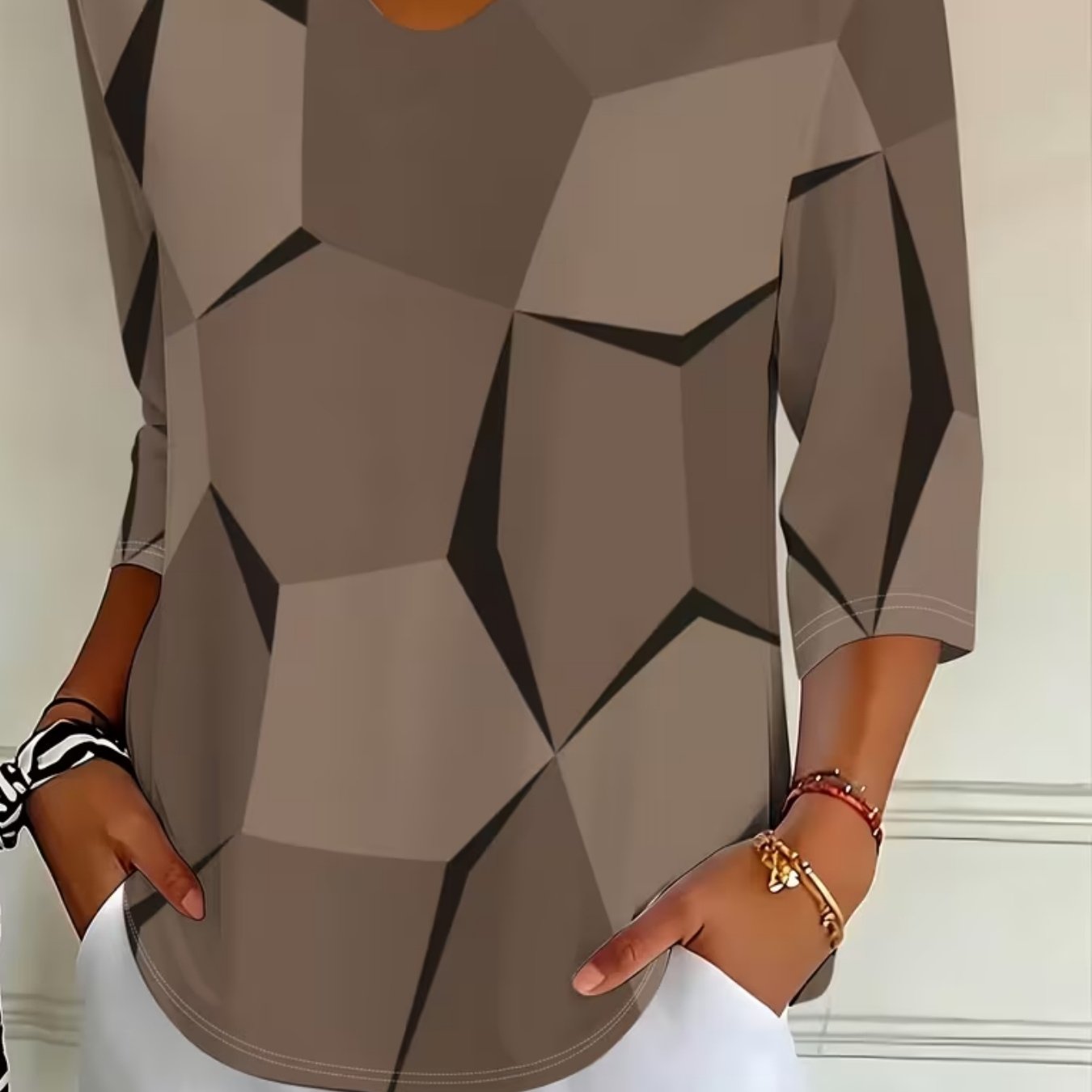 TEMU T-shirt pour femme à col en V et manches - - Base avec imprimé géométrique noir, haut décontracté adapté aux , aux activités de et aux tenues