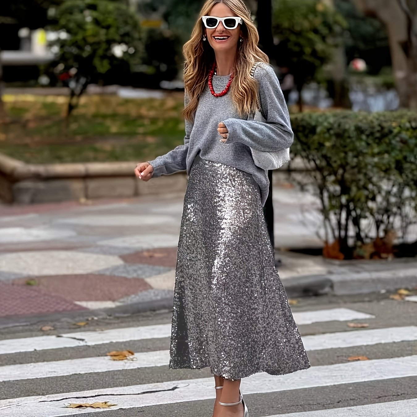 TEMU /summer European, American, And Middle Women's Sequin Lined Skirt With Elastic Waist, Loose Fit For Casual , Gatherings, And Parties, Elegant
