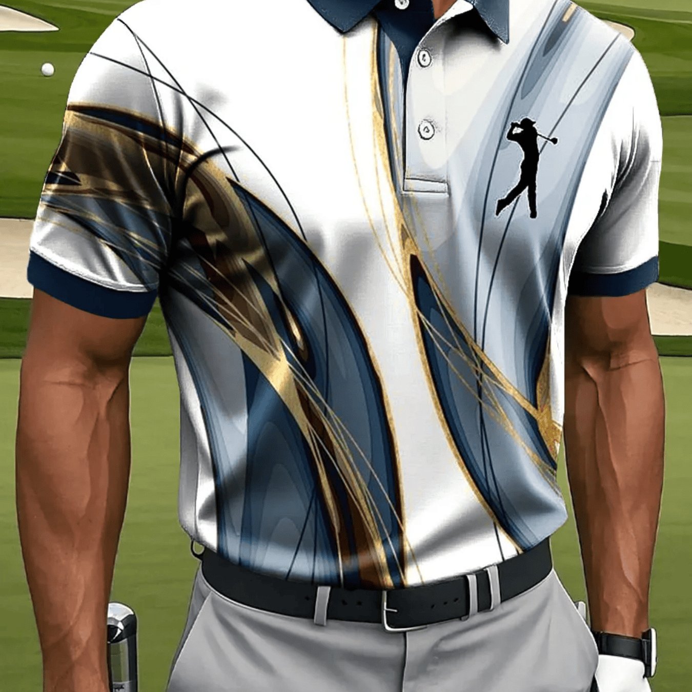 TEMU [printed Design - Non-textured] Men's Casual Sport Short Sleeve Shirt, Featuring Iridescent Stripes And Golf Pattern Prints. Made Of
