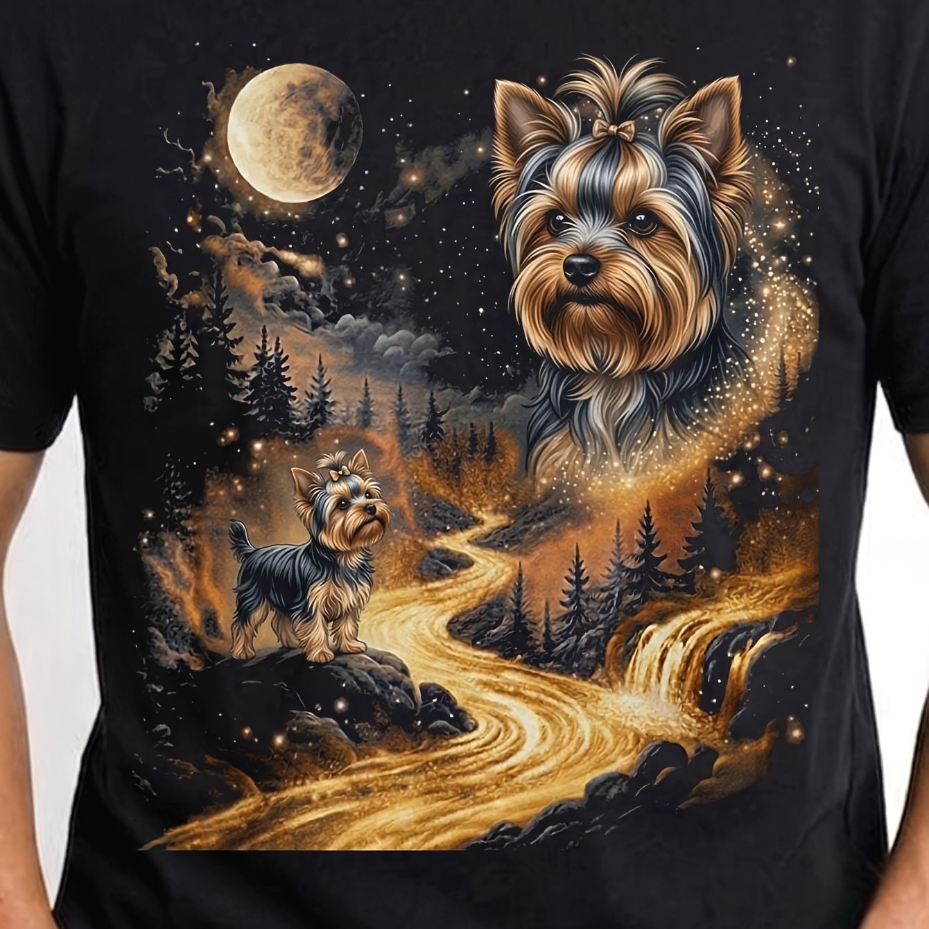 Image of Yorkie For At The Moon Retro Pet Vintage 90s Style Cute Puppy Graphic Tee Modern Art Casual Vibe Fitness Workout Crossfit Motivation Outfit Gift For Athletes 180g Crew Neck Men's Tee