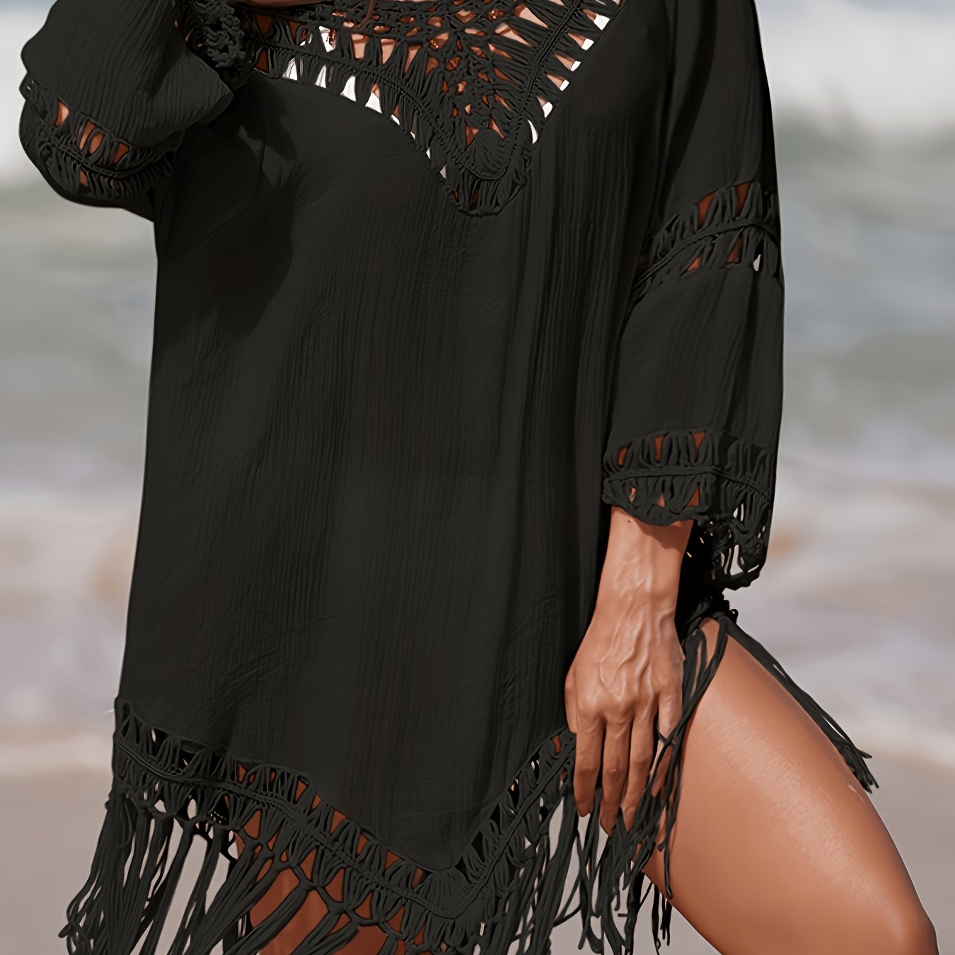 Image of Women' V-neck Bamboo Long Sleeve Lace-trimmed Crochet Skirt Tassel Decor Casual Loose Flowy Plus Size Beach Cover-up