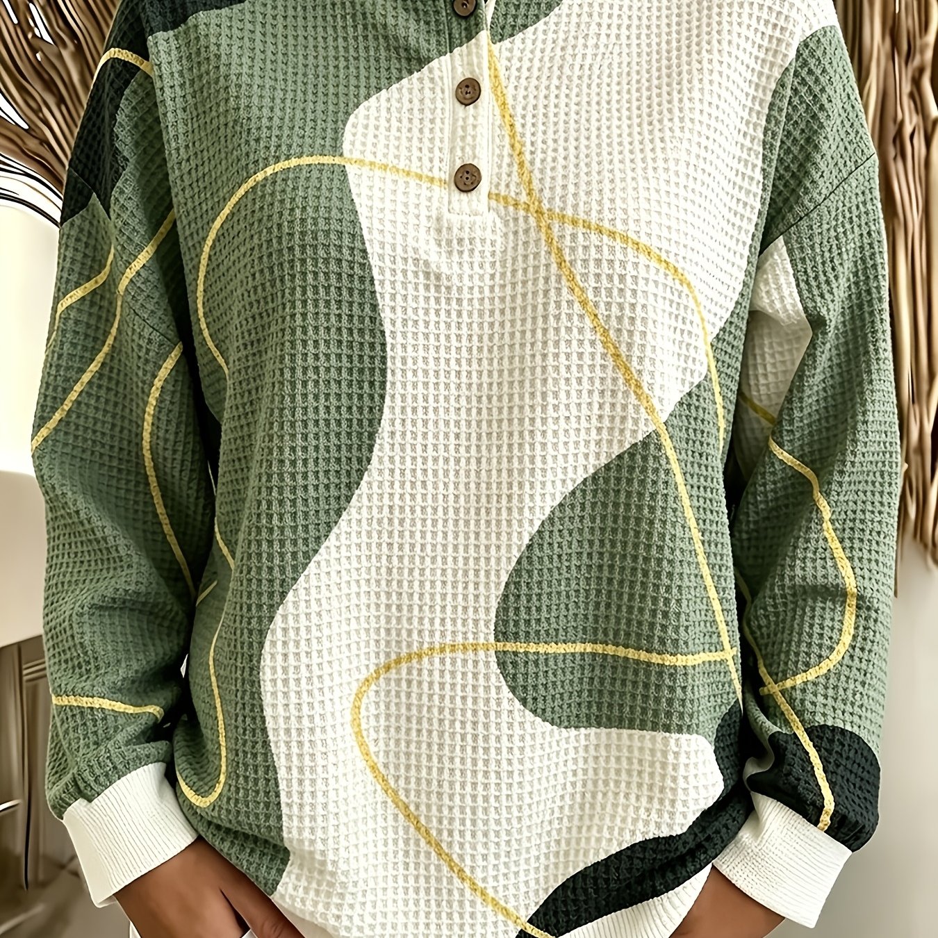 TEMU Plus Size Women's Abstract Color-block Print Breathable Textured Fabric 3-button Round Neck Loose Casual Versatile Long Sleeve Sweatshirt