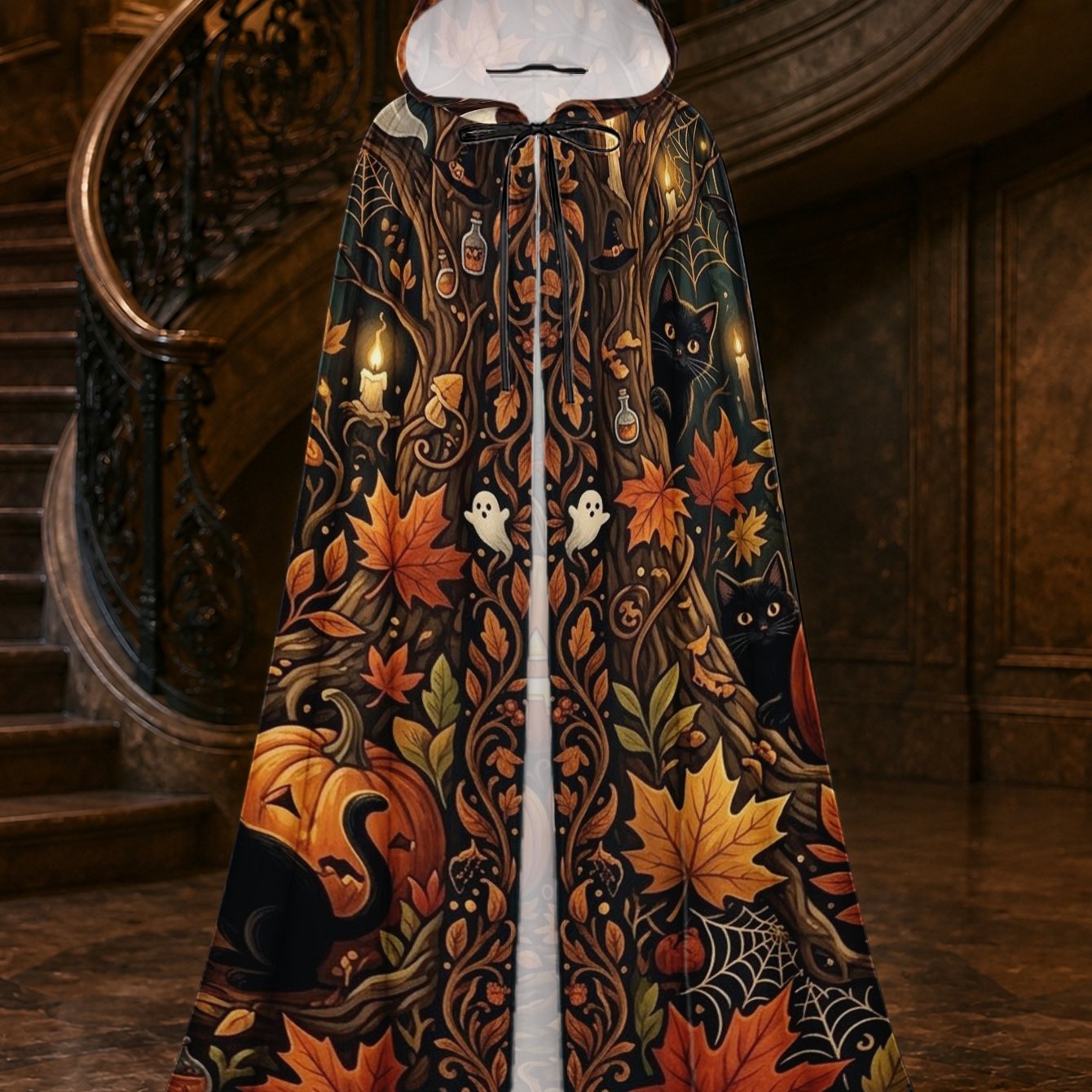 TEMU Capuche d'Halloween plat 2D 1pc avec motif de chats noirs et citrouilles d'Halloween, matériau durable, parfait pour les événements d'Halloween,