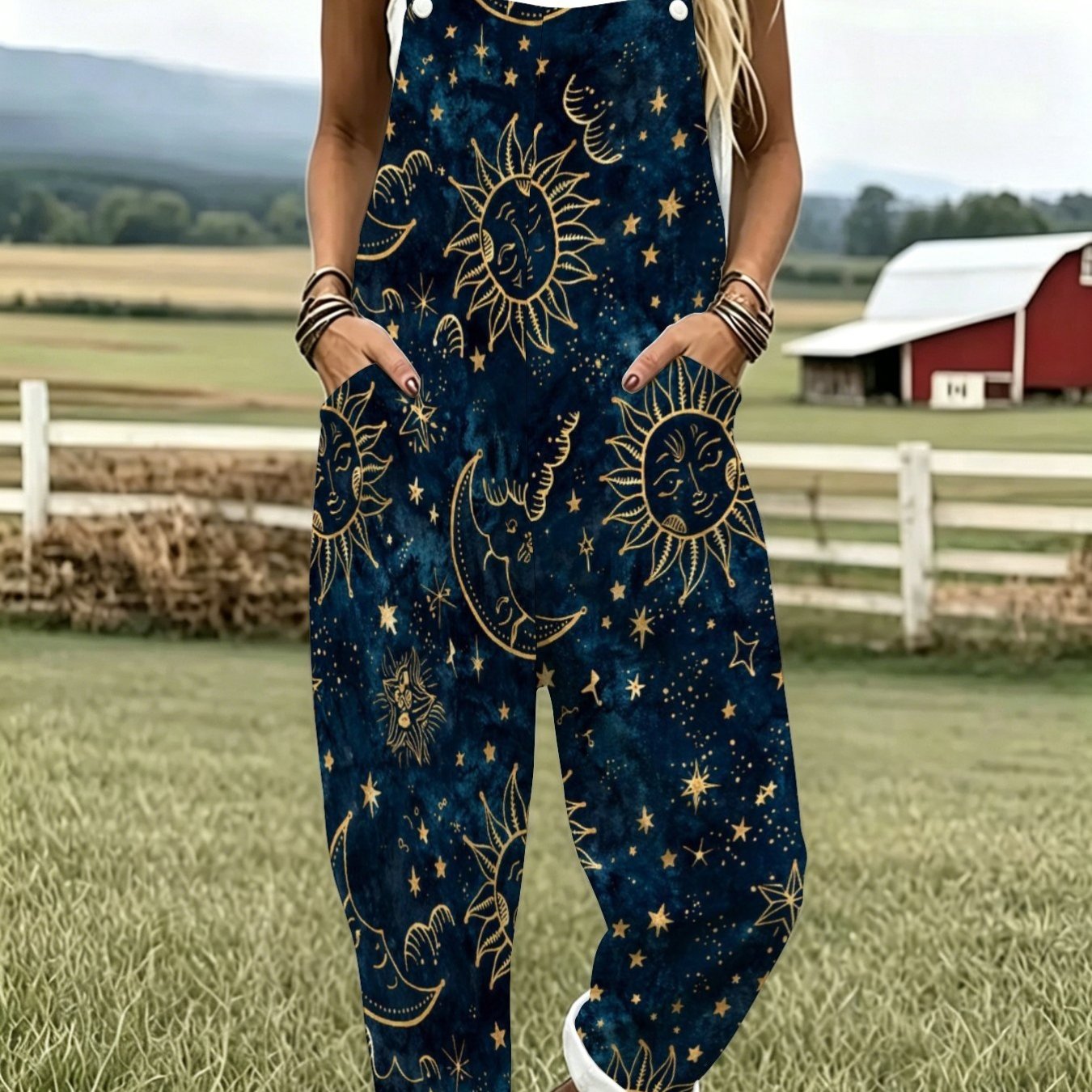TEMU Women's Leisure Overalls Astronomical Object Star Wrapping Sleeveless Button Design With Pockets Suitable For Vacation And Daily Wear Loose Fit