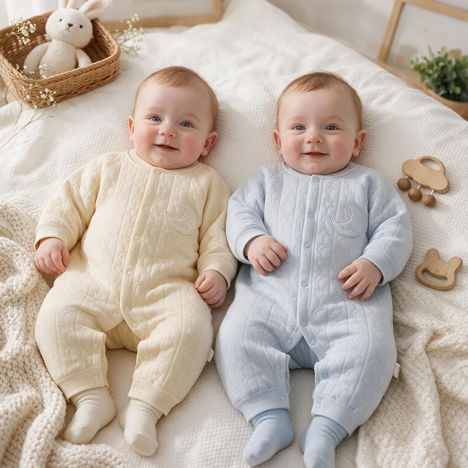 Image of 2pcs/set Autumn And Winter Baby Girls' Indoor Crawling Suit Double Layer Long Sleeve Warm Toddler Jumpsuit Cute Home Neutral Boys' Bodysuit, For Outdoor