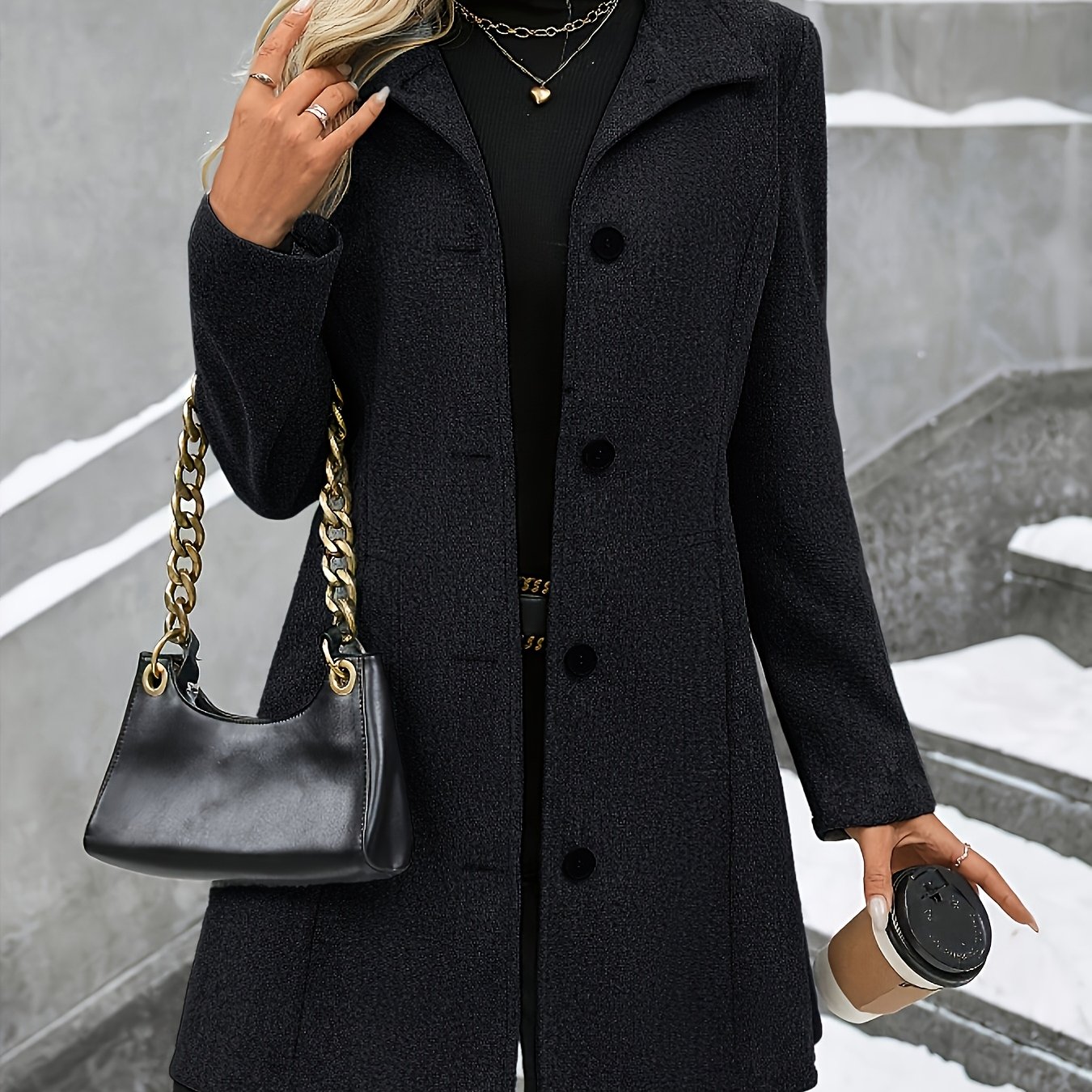 TEMU Fashion Women's Elegant Tweed Coat Trendy Slim Solid Color Collar Tweed Overcoat