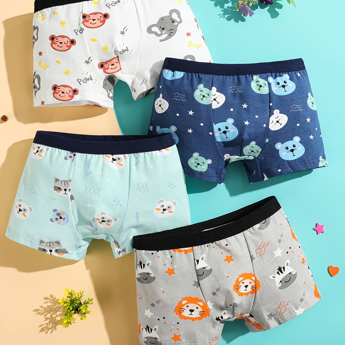 4pcs Boys' Soft Comfortable Animal Print Briefs