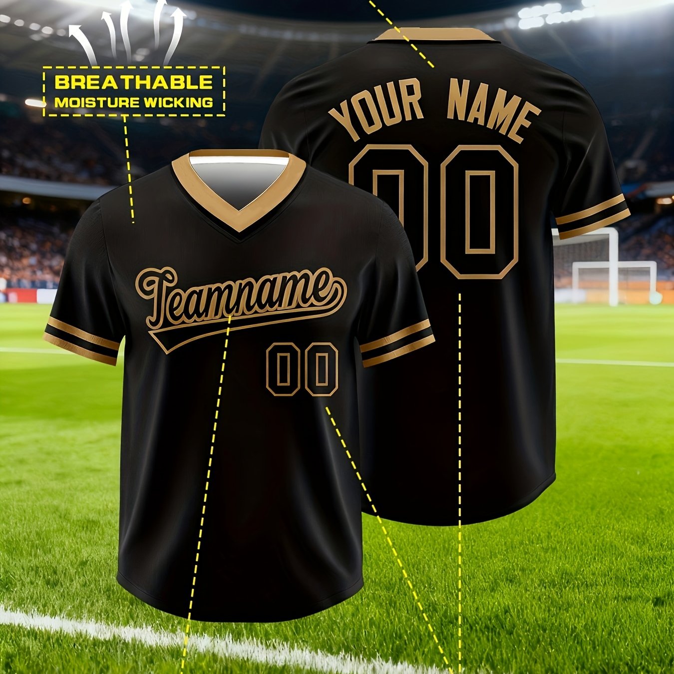 TEMU Trendy Black And Golden Custom Baseball Jersey, Personalized With Name, Team Name, And Number. Fashionable And Stylish, Apparel For Sports Fans.