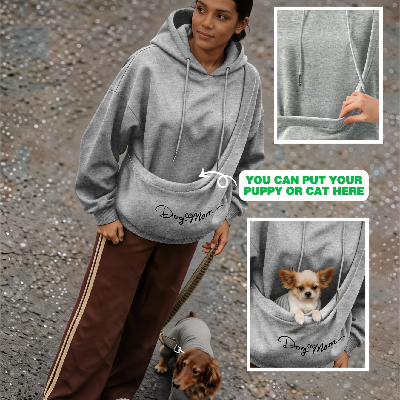 TEMU Women's Loose Fit -lined Hooded Sweatshirt, Printed , For Pet Lovers, Built-in Pet Carrying Pocket, Soft And Comfortable, -lined For , Suitable
