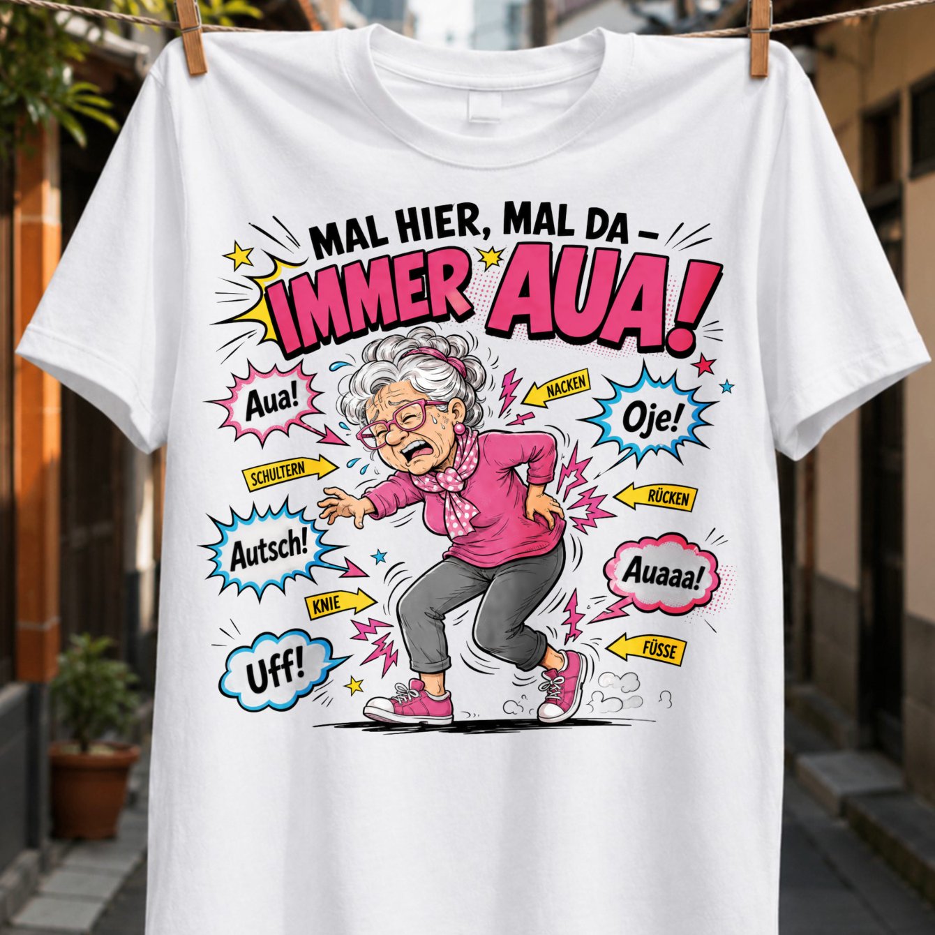 Mal Mal Da Immer Aua Comic Grandma With Back Knee Neck Shoulder And Foot Pain Statement Design Graphic T-shirt Unisex All T-shirt