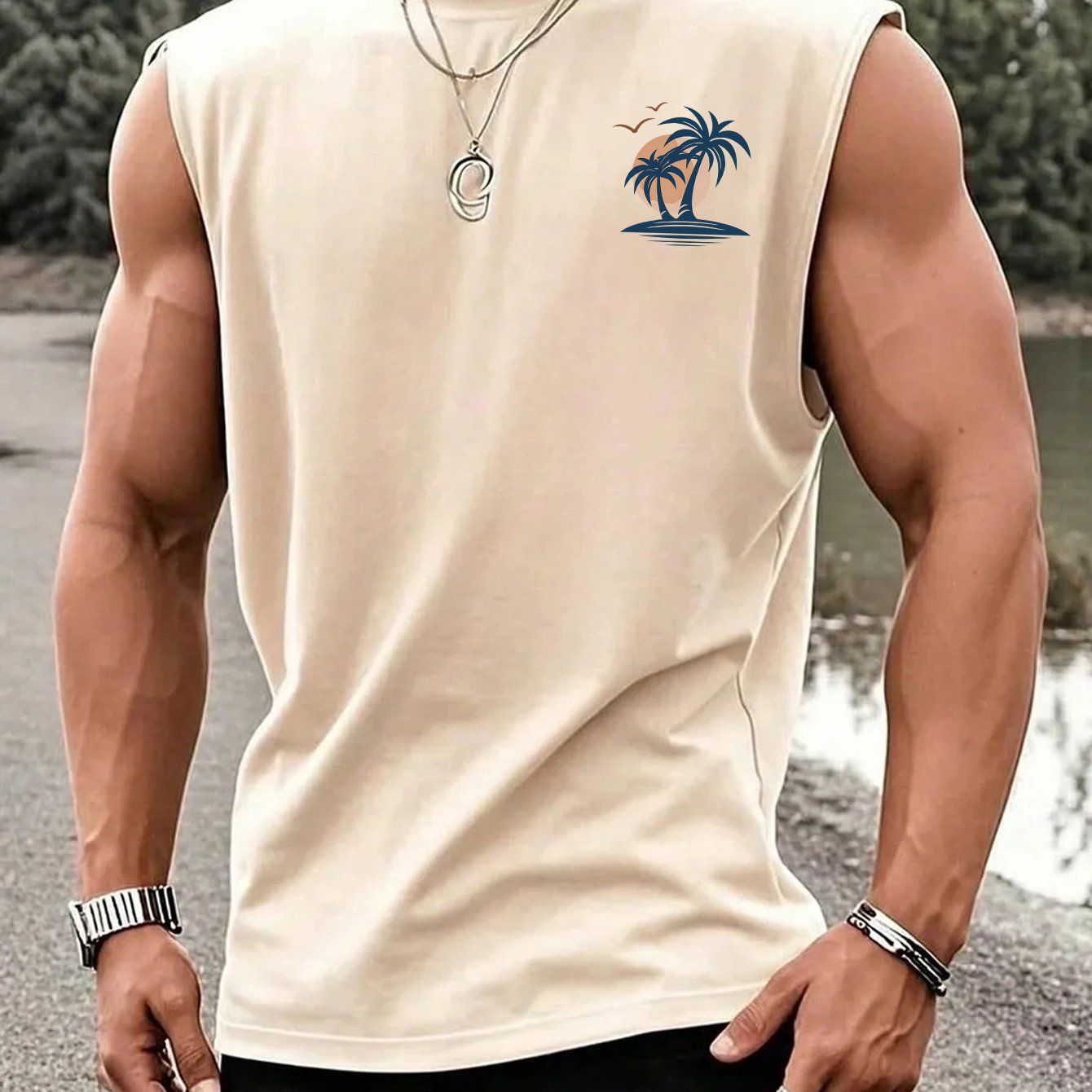 TEMU Men's Sleeveless Tank Top - Style Sleeveless Top With A Simple And Coconut Tree And Sunset Silhouette Print On . Features A Loose And Clean-cut