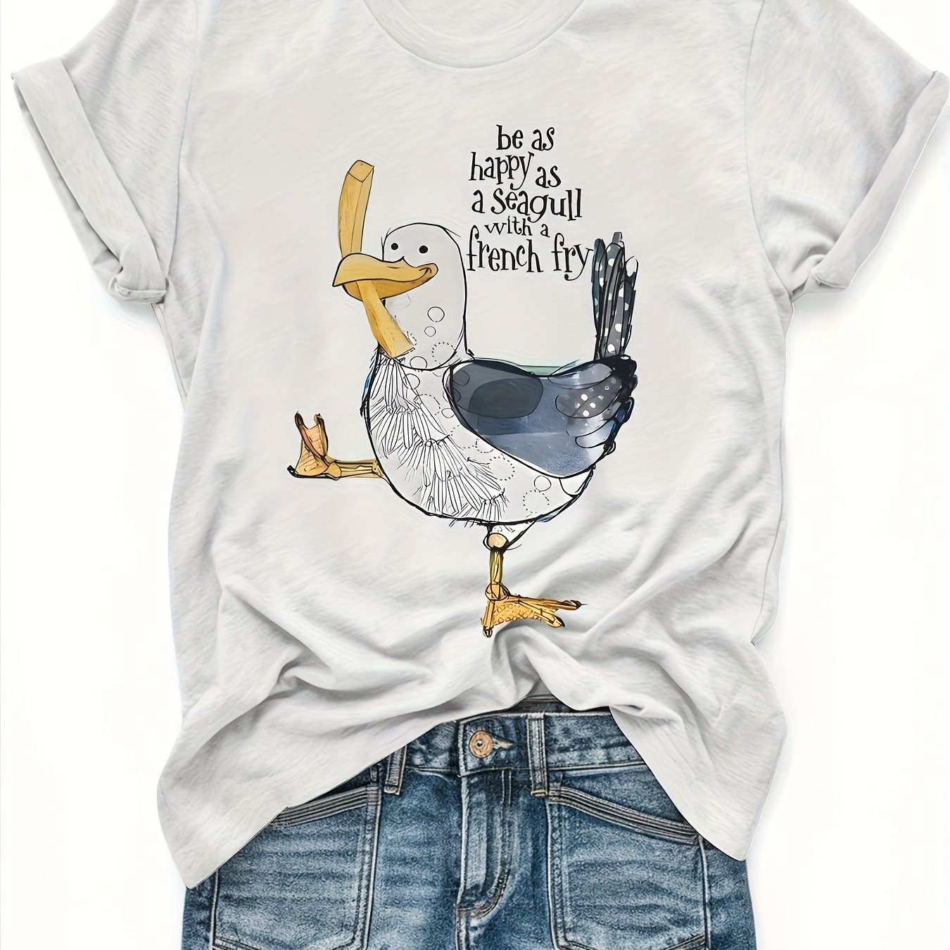 Casual White Seagull And Fries Printed Short-sleeve T-shirt, Featuring A Stylish And Comfortable Round Neck Design For Summer Wear, Making It An Ideal Gift For Easter And Mother's Day
