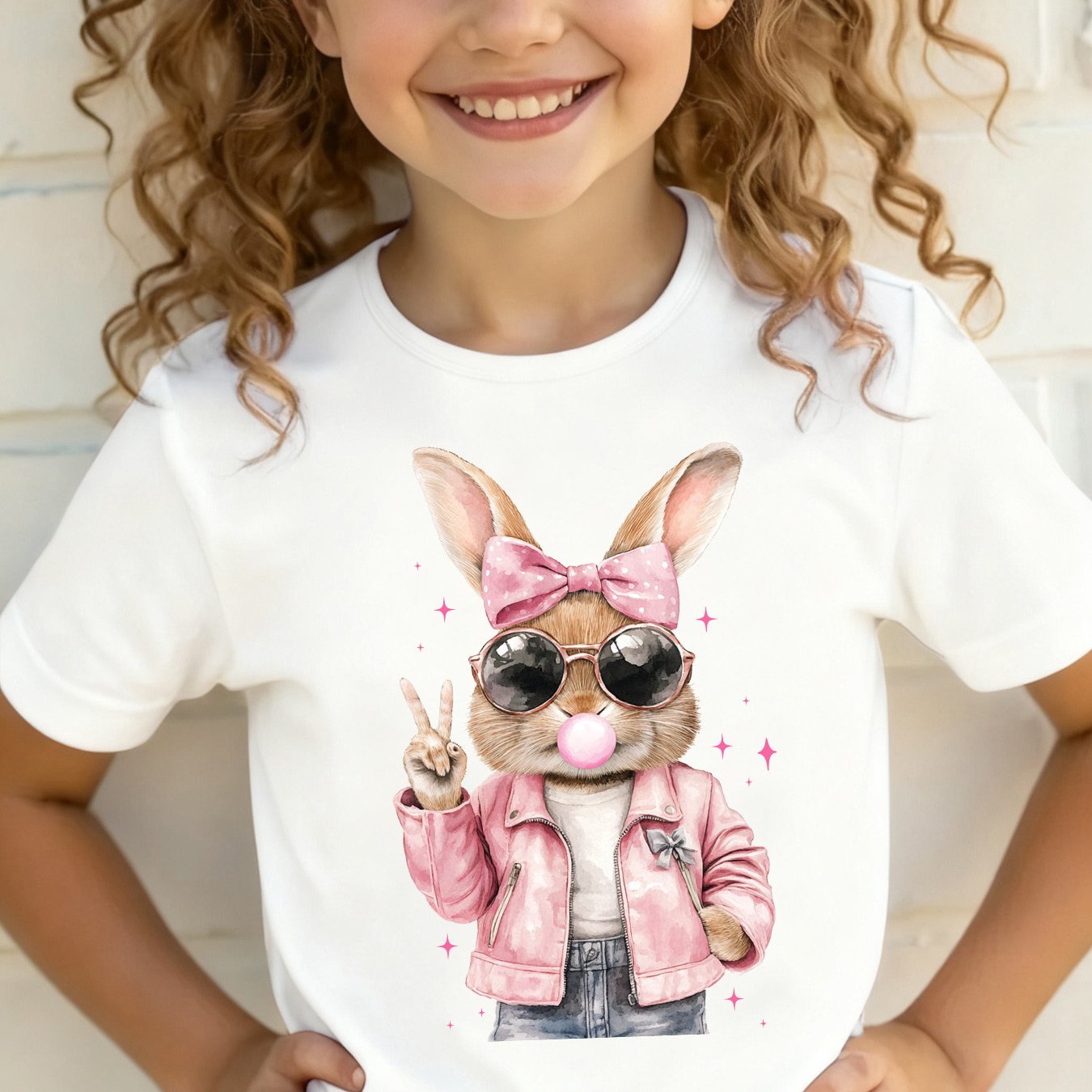 E-shop -Sommer-Mode Mädchen Kurzarm-T-Shirt mit Schleife, modischer Brille Blasenblasendes Häschen Cartoon-Druck, lässiges vielseitiges Oberteil