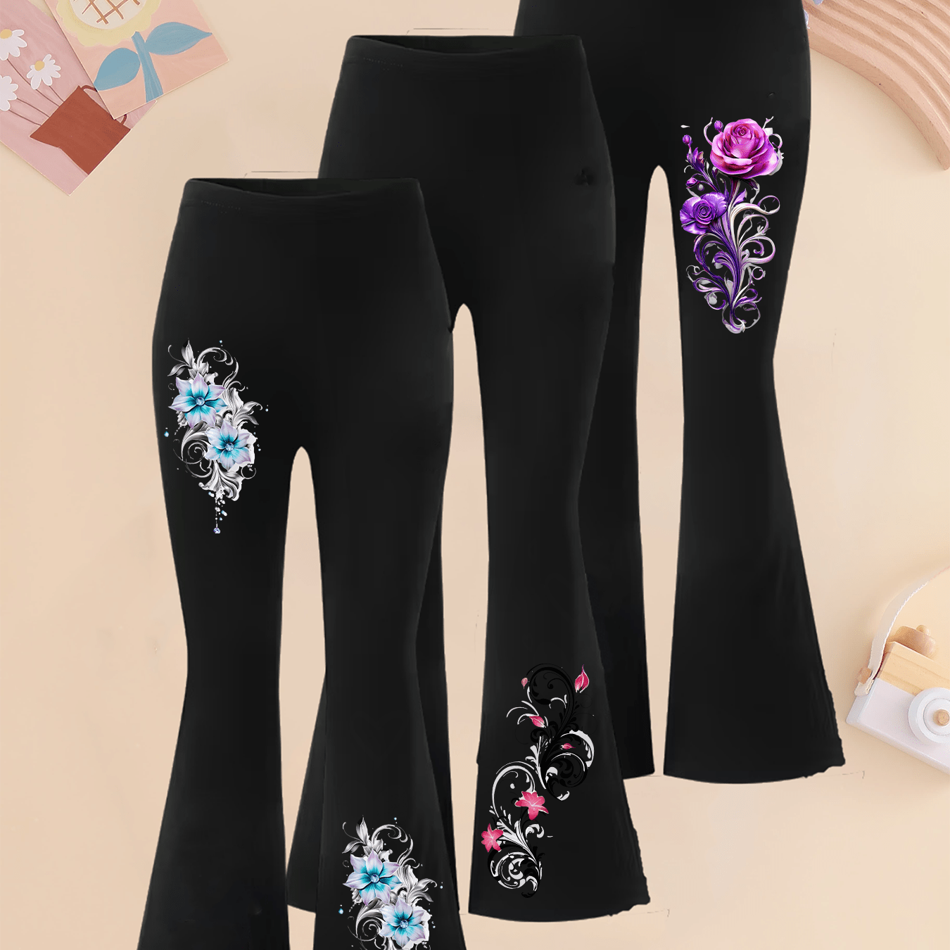 TEMU Ensemble de 3 pantalons évasés pour femmes, imprimé papillon, haute élasticité, et confortables, avec ceinture élastique, lavables en machine,