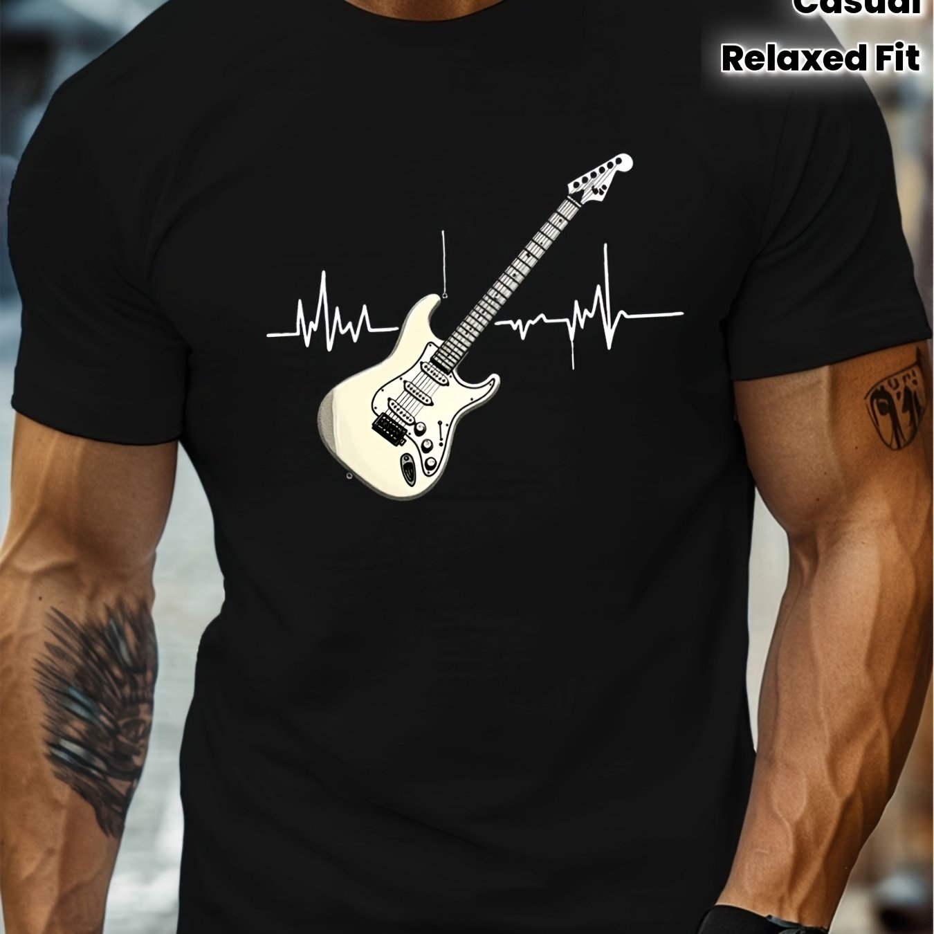 TEMU Men's Electric Guitar Heartbeat Graphic T Shirt Tee With Heartbeat Line Lightweight Crew Neck Shirt For Concerts Casual Attire All Season Rock