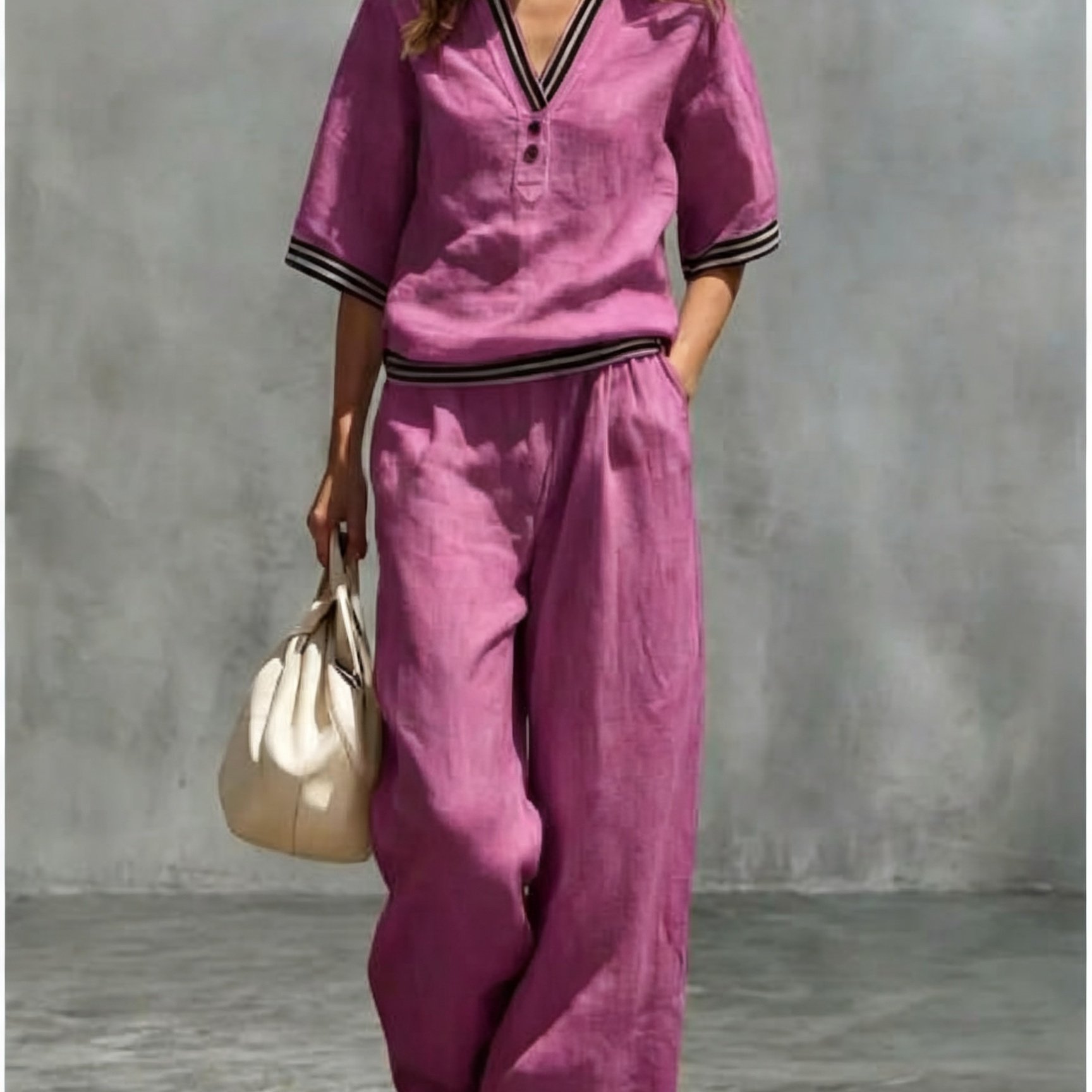 Image of Women's European And Contrast Color Striped 2pcs V-neck Half-open Button Mid-sleeved Blouse, High-waisted Drape, Wide-leg Pants, Commuter Suituit