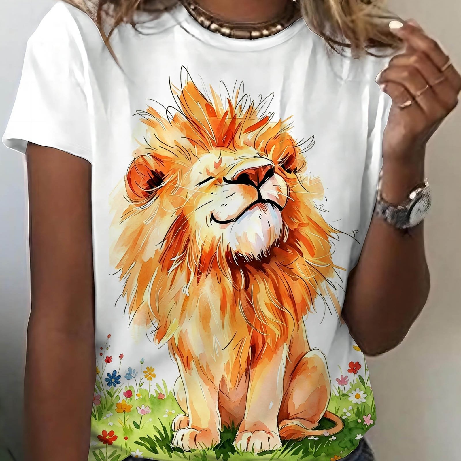 TEMU Watercolor Style Lion Print T-shirt, Women's Casual Round Neck Short Sleeve, Fresh Style Versatile Top, Ladies' Elegant Comfortable Top
