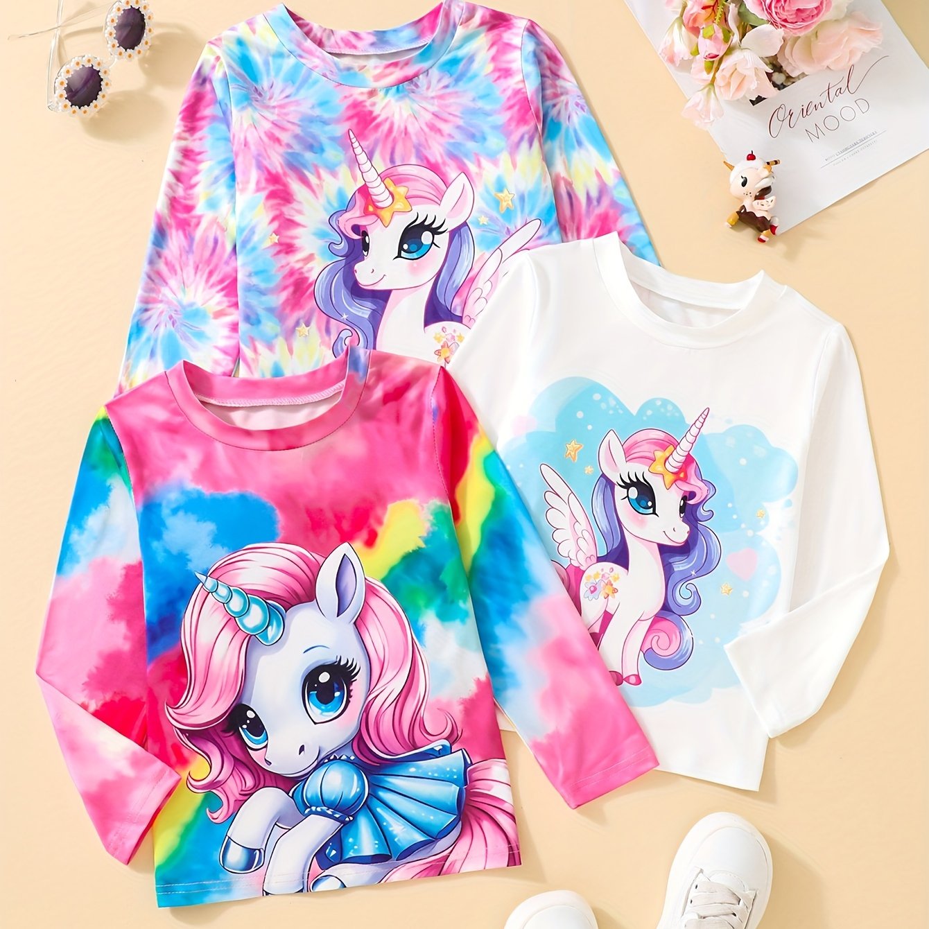 Image of Girls' Spring, Autumn, And Winter 3pcs Set Cute Cartoon Unicorn Print T-shirt Tops