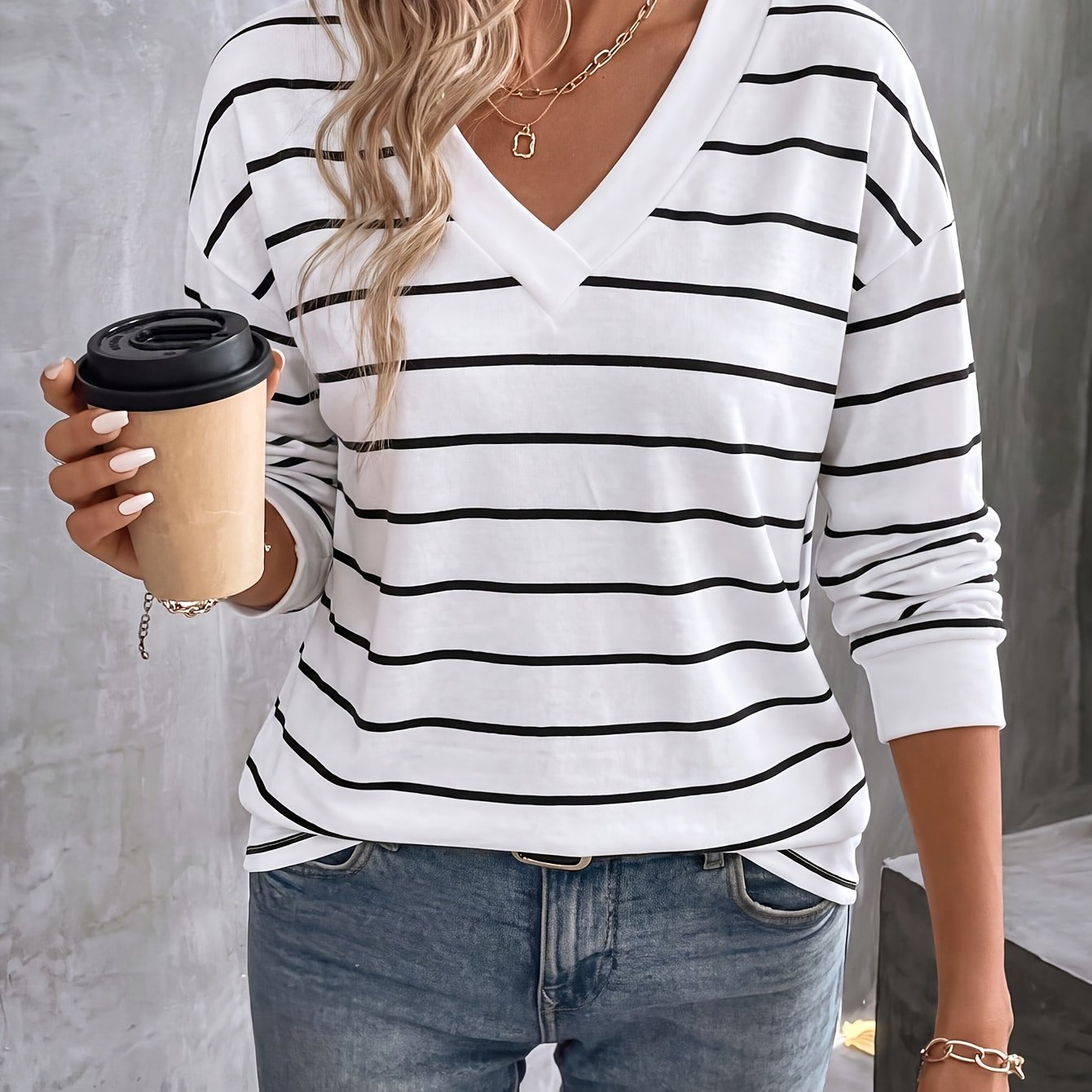 TEMU Easy Casual New Black And White Striped Long Sleeve T-shirt