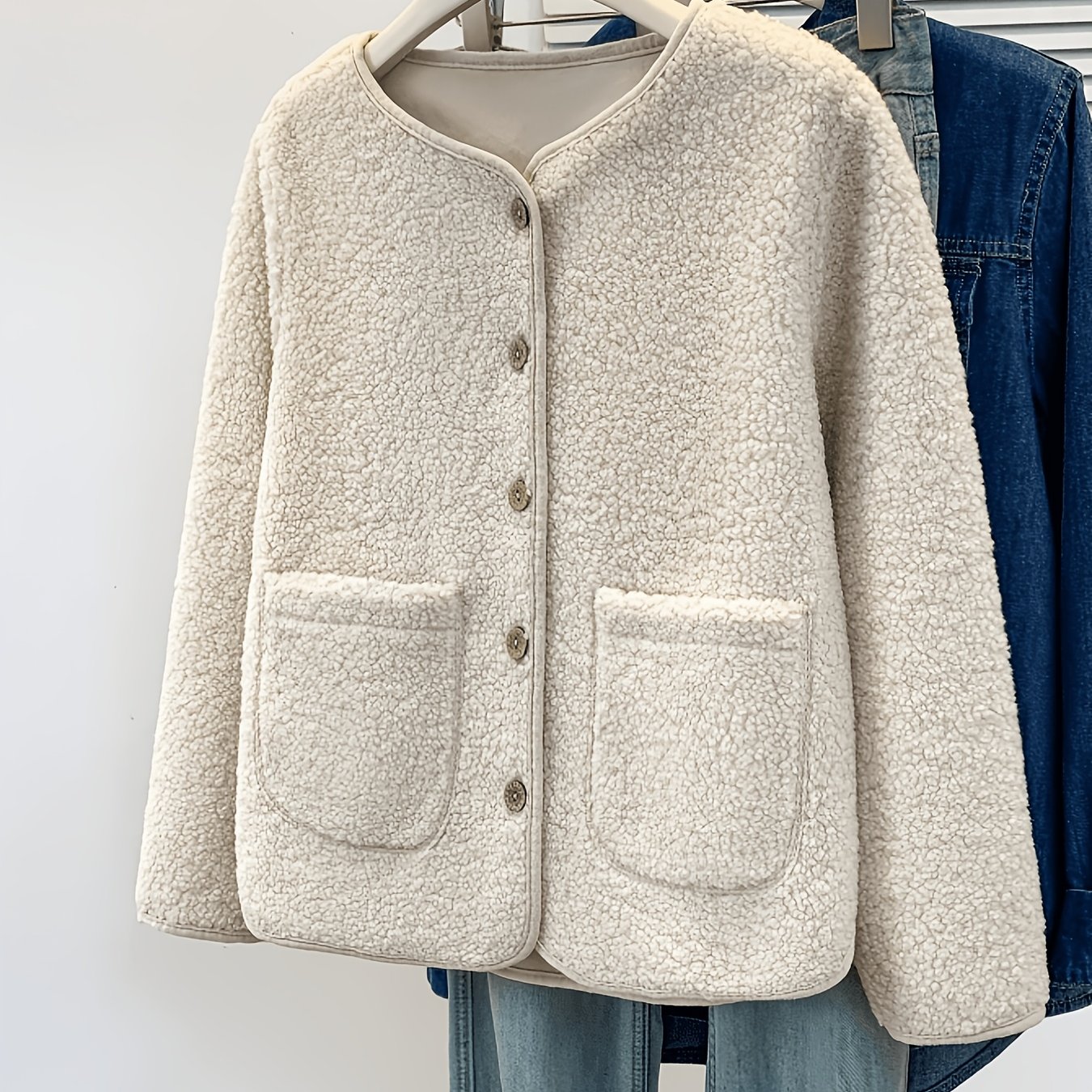TEMU Women's Autumn Winter Lamb Coat, Easy Round Neck Single Button Design With Double Pockets, In Multiple Colors, Suitable For Casual Daily , Coat