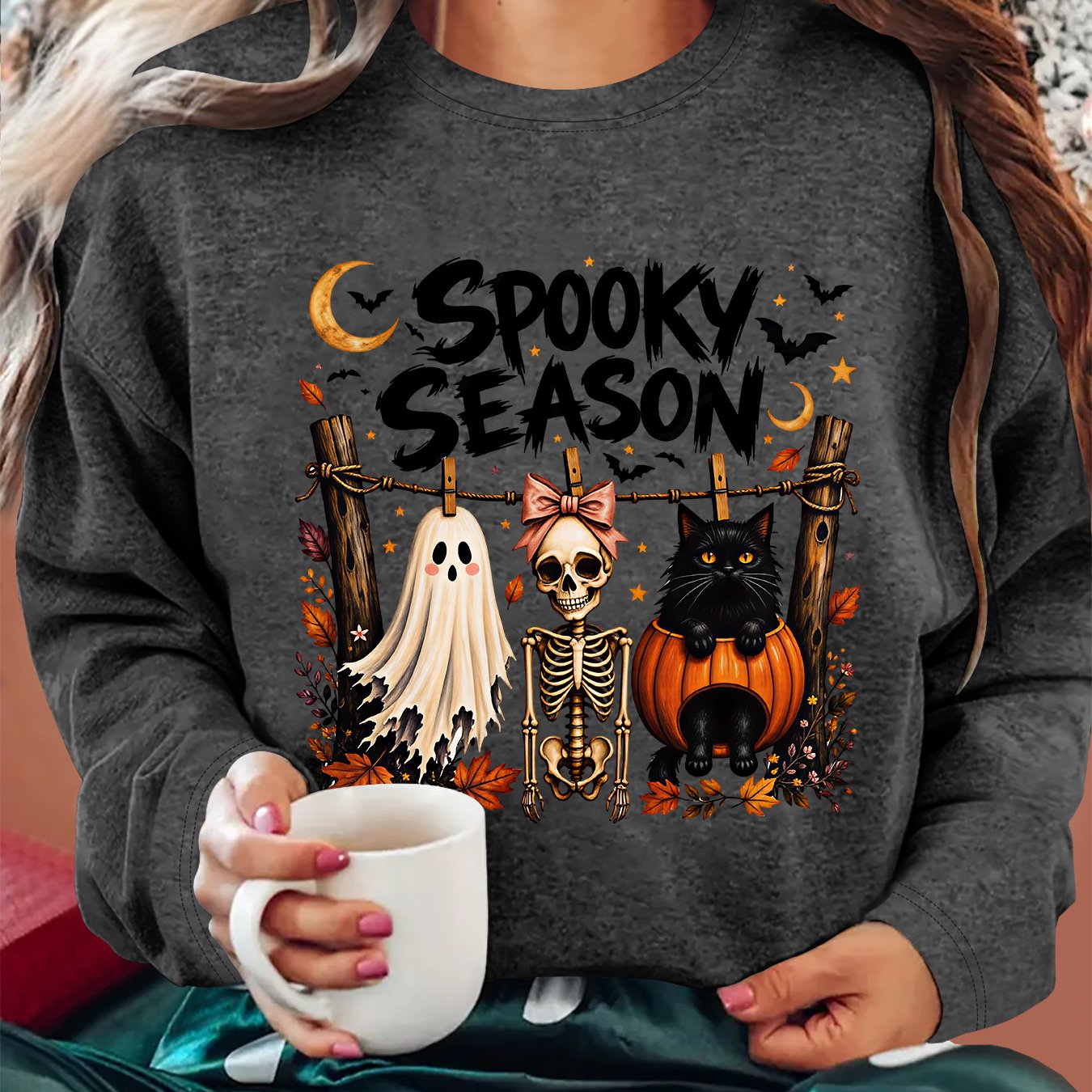 TEMU Halloween Holiday Costume Women's Party Gift Hanging Skull Black Cat Spooky-season Printed Crew Neck Long Sleeve T-shirt Relaxed Vintage Style