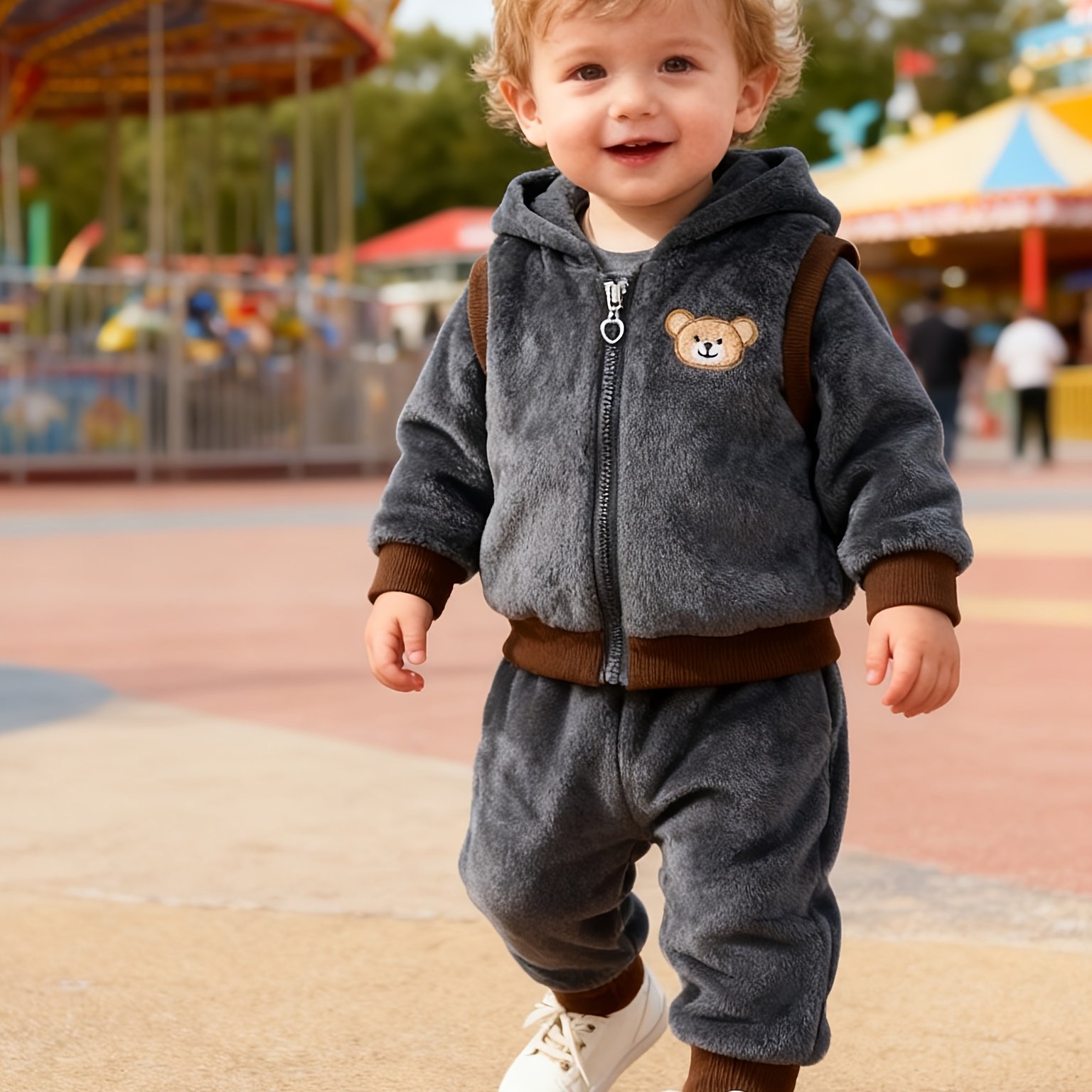 Image of 3pcs Boys' Winter Plush Panda Jacket & Pants Suit - Thick Warm Cute Clothes With Matching Outfit, Machine Washable For Weather (3pcs), Perfect For Outdoor