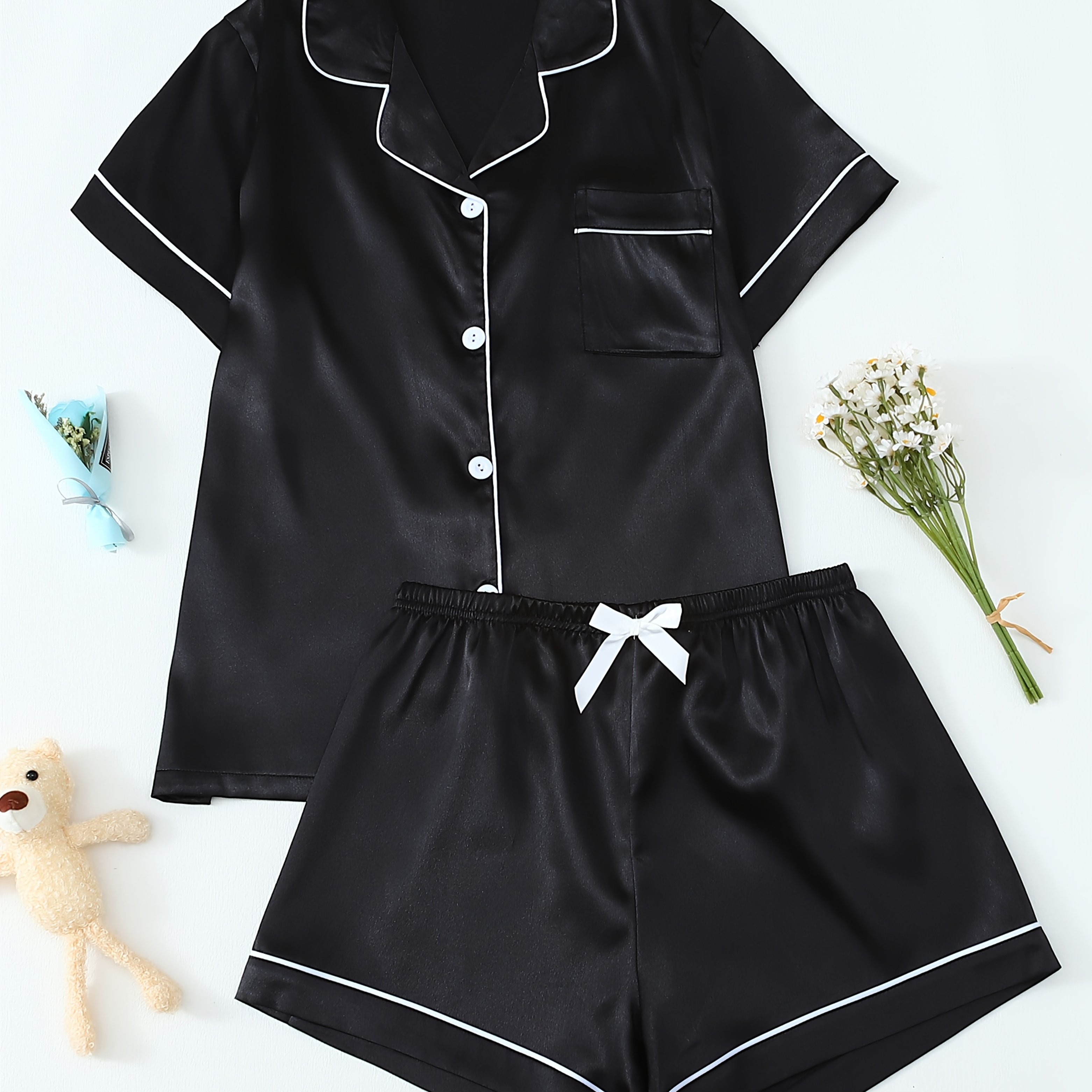 TEMU Women's Black Short-sleeve And Shorts Pajama Set For Spring And Summer, Featuring A Easy Lapel Cardigan Design