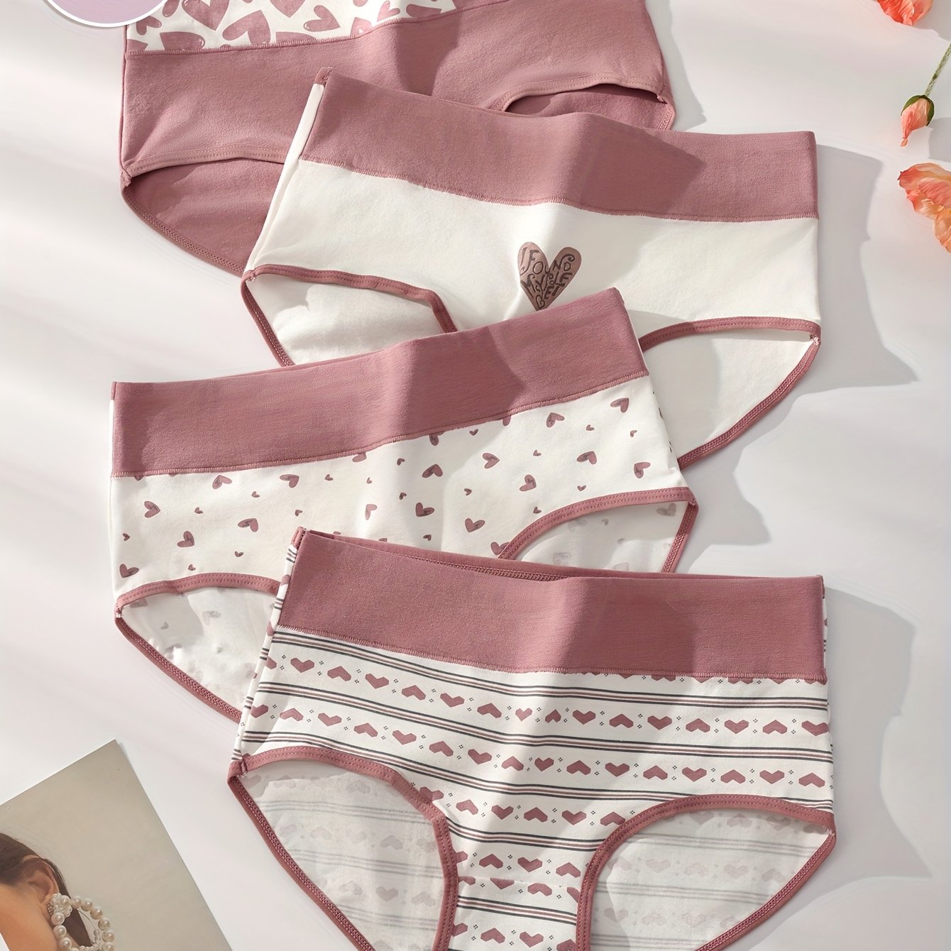 Image of 4pcs Of Heart-print Underwear, Comfortable And Breathable, Pink Print, Cute, Slim Fit Mid-high Waist Women's Underwear