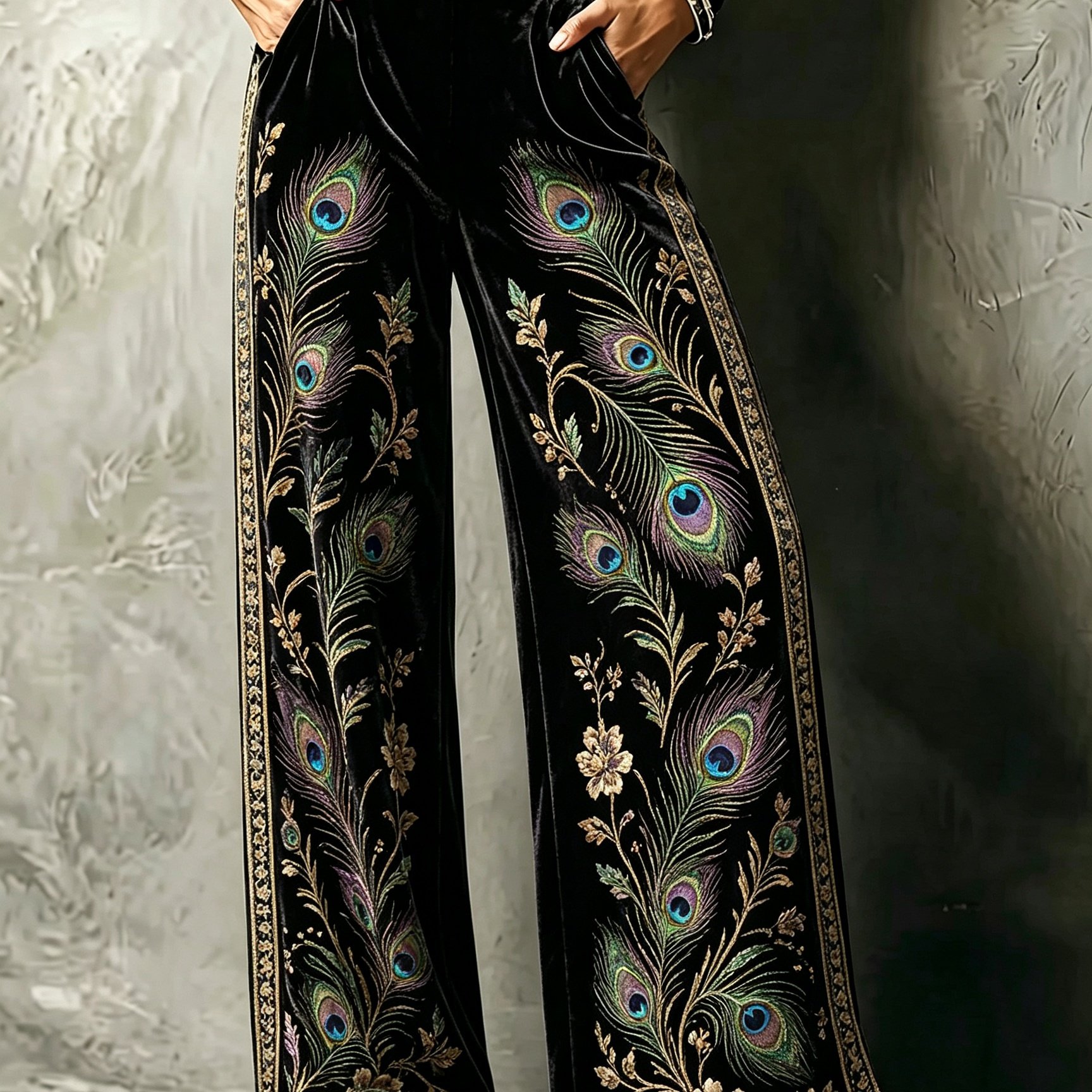 Image of Women's Elegant Velvet Wide-leg Trousers With Stylish Peacock Print; Comfortable, Loose, Straight- Suitable For Street Style, Commuting, And Holiday Parties; Ideal For Spring, Autumn, And Winter