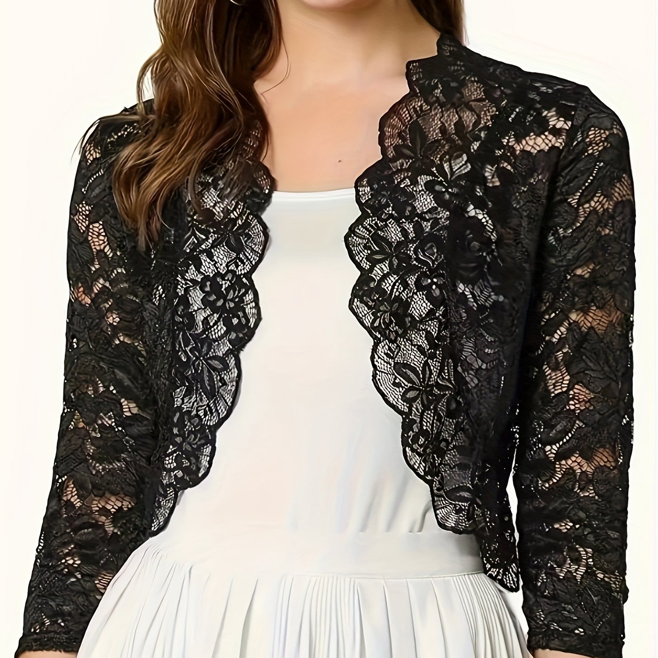 TEMU A Versatile Cardigan Top For Women With A Short Collarless Design, Featuring A Solid Color And Elegant Lace Shirt