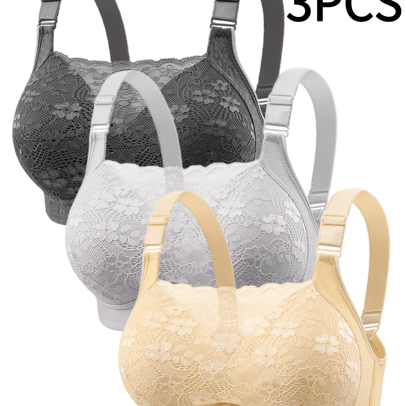 Image of 3pcs Set Of Women's Lace Underwear, Elegant, Gathering, Comfortable, Hand Washable, Soft And Breathable, With Fixed Pads, Elastic And Comfortable, Anti-sagging Bra For Women